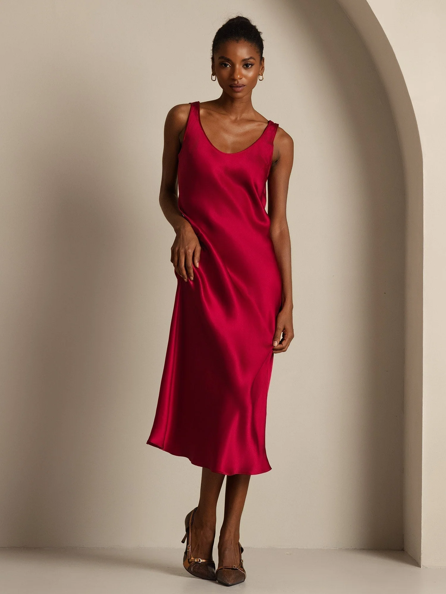 Pure Silk Sleeveless U Neck Midi Dress - Image 20