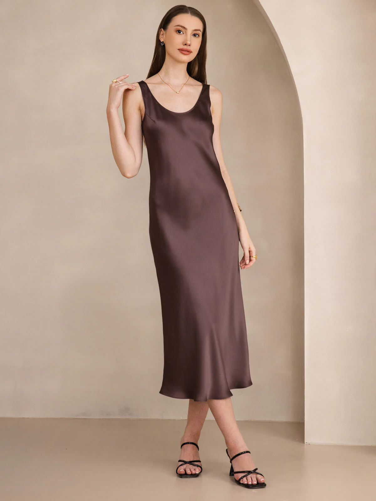 Pure Silk Sleeveless U Neck Midi Dress - Image 30