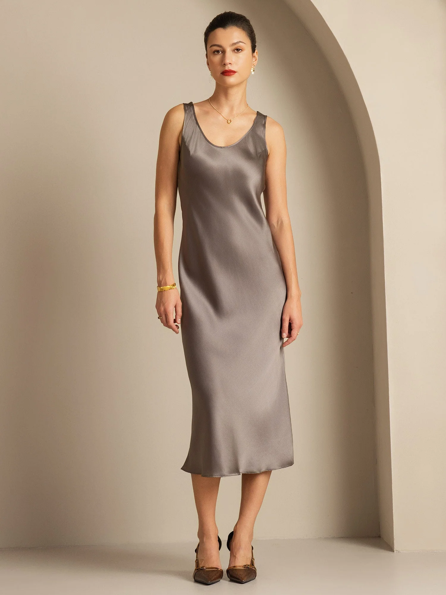 Pure Silk Sleeveless U Neck Midi Dress - Image 32