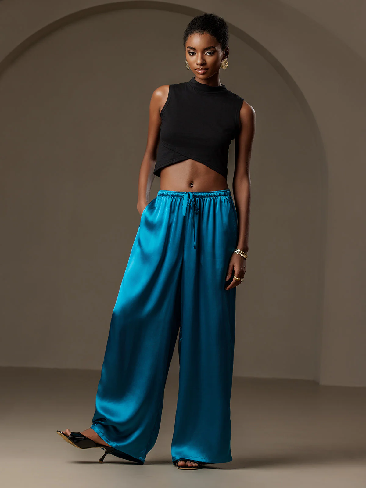 Pure Silk Wide Leg Women's Pants with Elastic Waist Design - Image 25