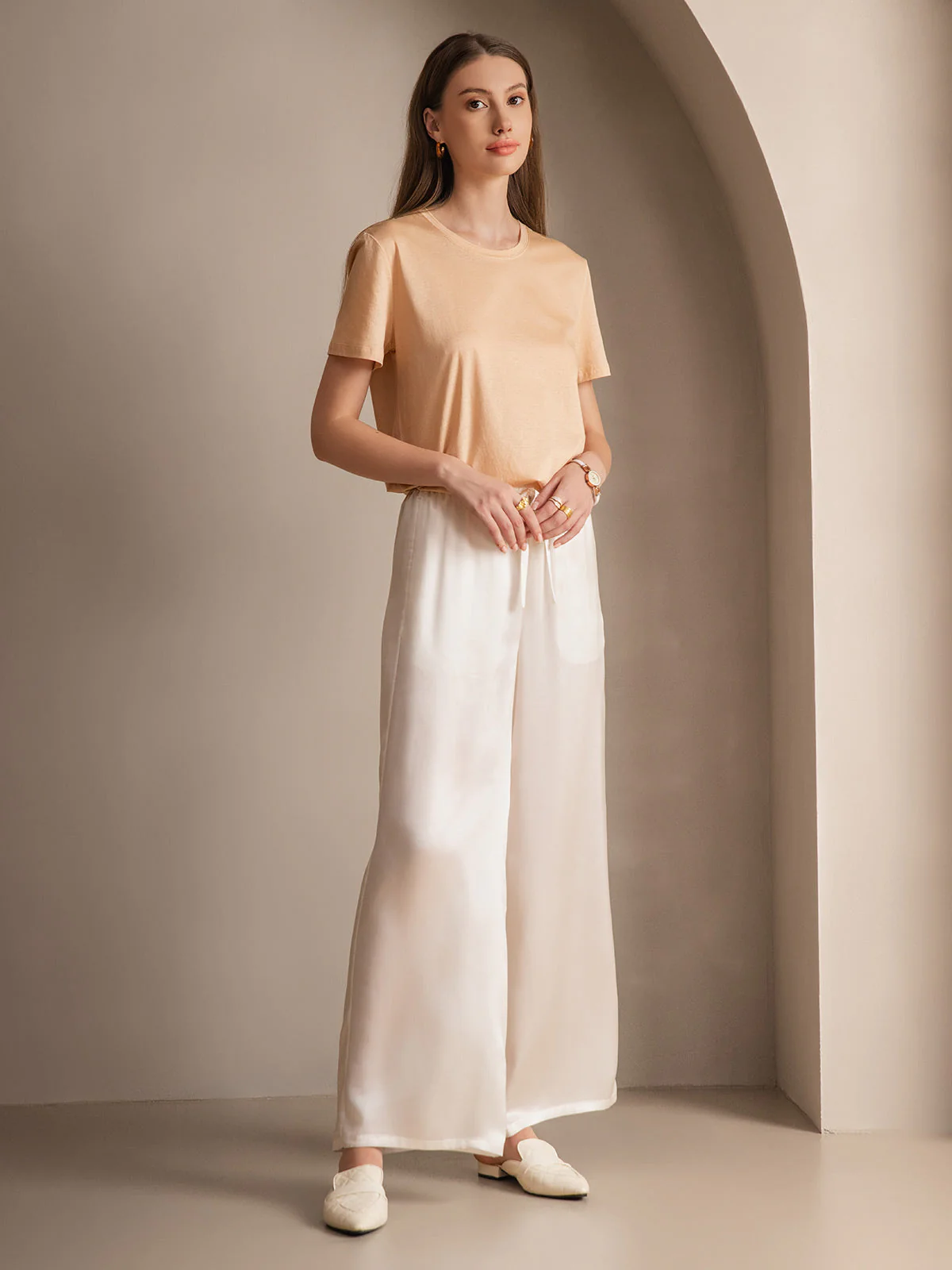 Pure Silk Wide Leg Women's Pants with Elastic Waist Design - Image 56