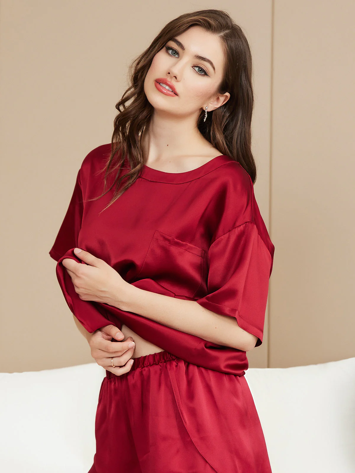 Pure Silk Short Sleeve Round Neck Womens Sleep Tee (Shorts Not Included) - Image 18