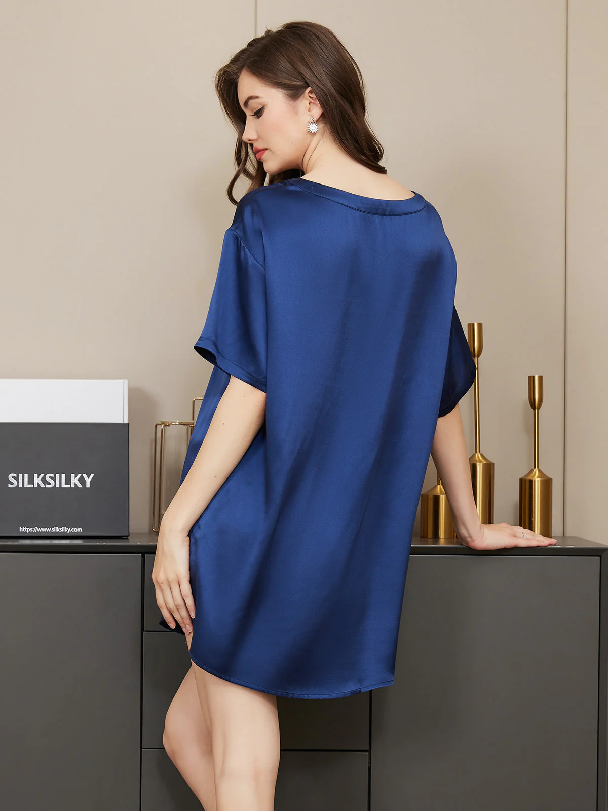 Pure Silk Short Sleeve Round Neck Womens Sleep Tee (Shorts Not Included) - Image 22