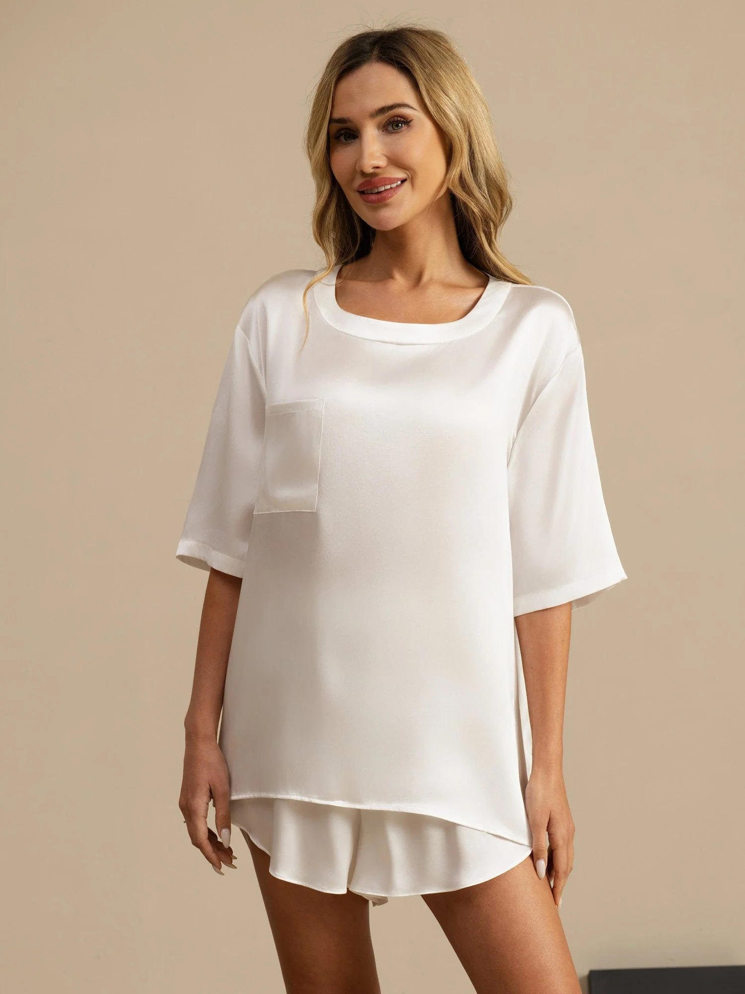 Pure Silk Short Sleeve Round Neck Womens Sleep Tee (Shorts Not Included) - Image 28