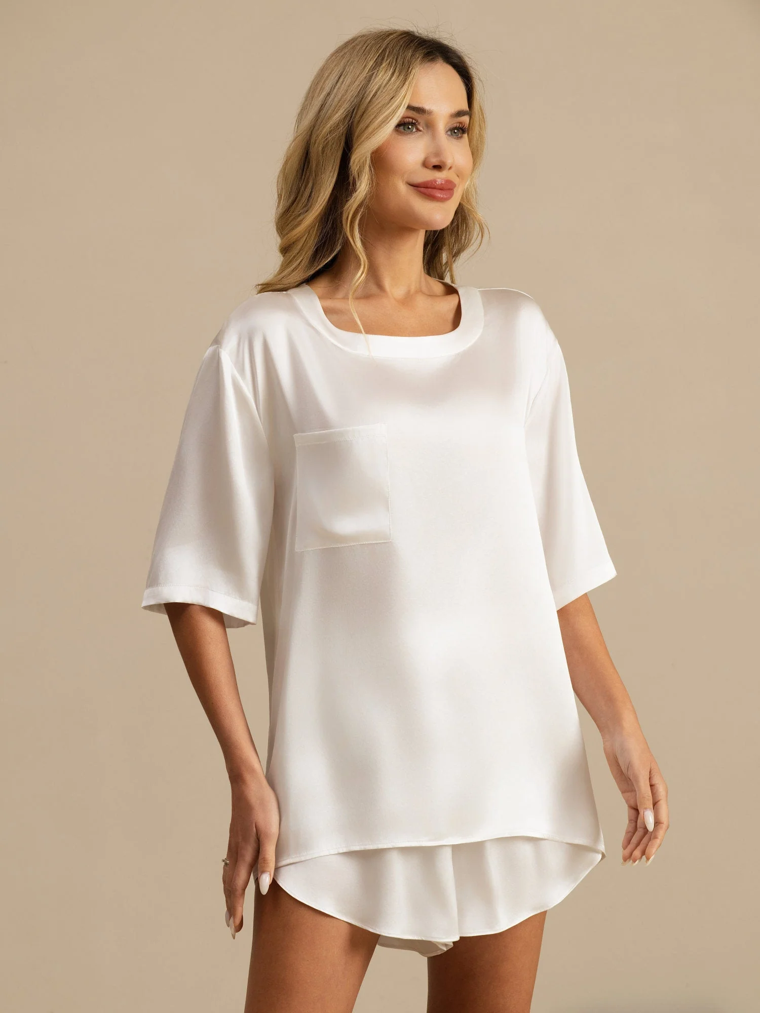 Pure Silk Short Sleeve Round Neck Womens Sleep Tee (Shorts Not Included) - Image 29
