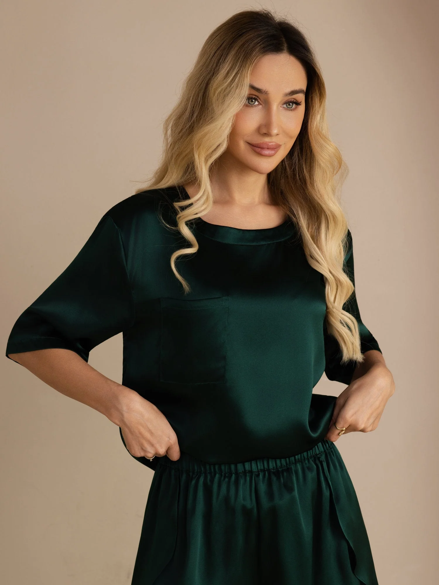 Pure Silk Short Sleeve Round Neck Womens Sleep Tee (Shorts Not Included) - Image 9