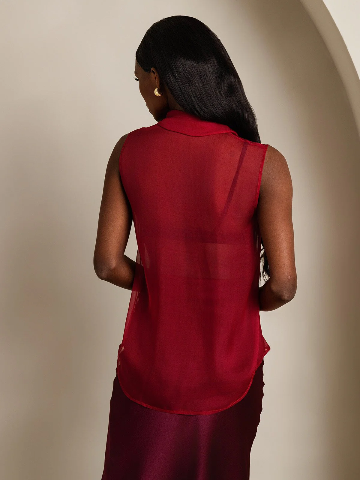 Clearance - Pure Silk Chiffon Women's Sleeveless Tie Neck Sheer Blouse - Image 10