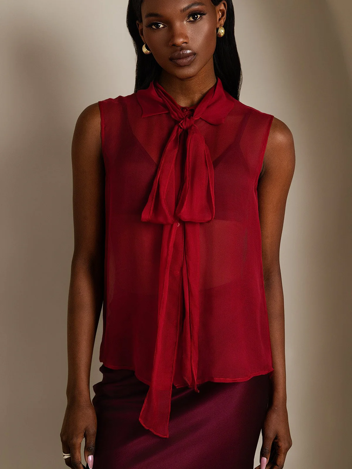 Clearance - Pure Silk Chiffon Women's Sleeveless Tie Neck Sheer Blouse - Image 11
