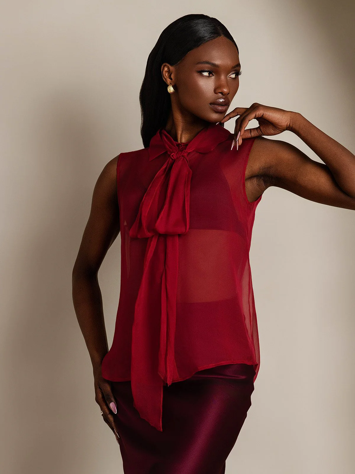Clearance - Pure Silk Chiffon Women's Sleeveless Tie Neck Sheer Blouse - Image 12