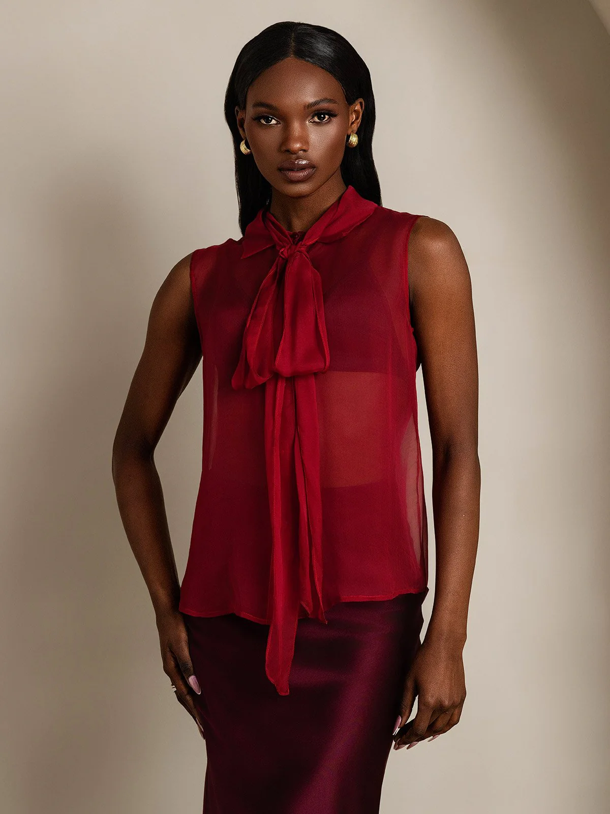 Clearance - Pure Silk Chiffon Women's Sleeveless Tie Neck Sheer Blouse - Image 13