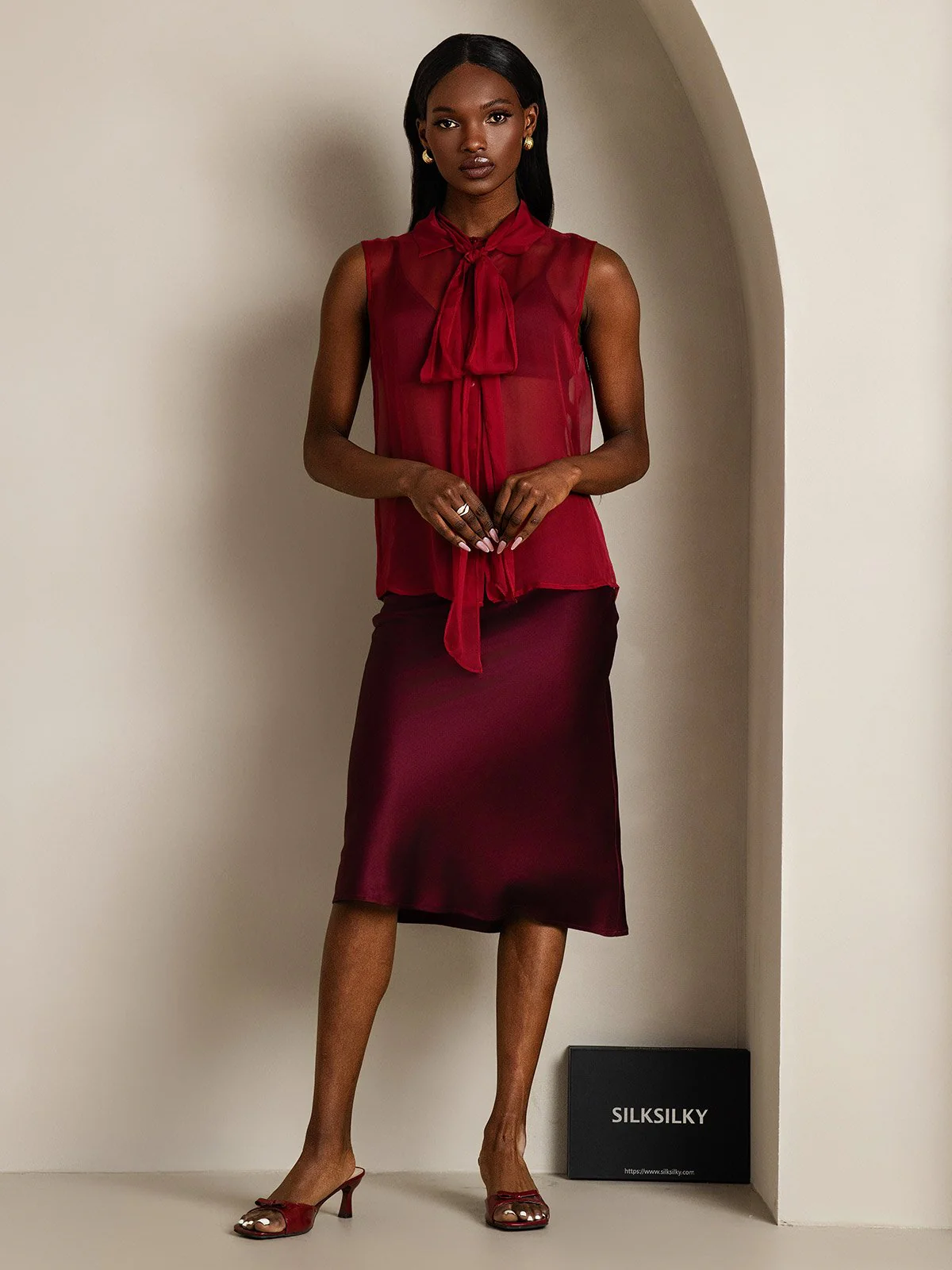 Clearance - Pure Silk Chiffon Women's Sleeveless Tie Neck Sheer Blouse - Image 15