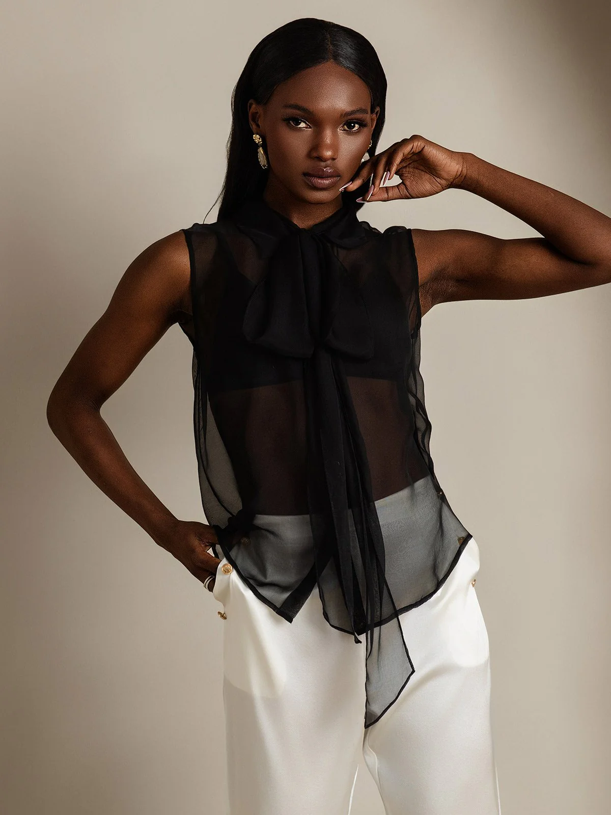 Clearance - Pure Silk Chiffon Women's Sleeveless Tie Neck Sheer Blouse - Image 3