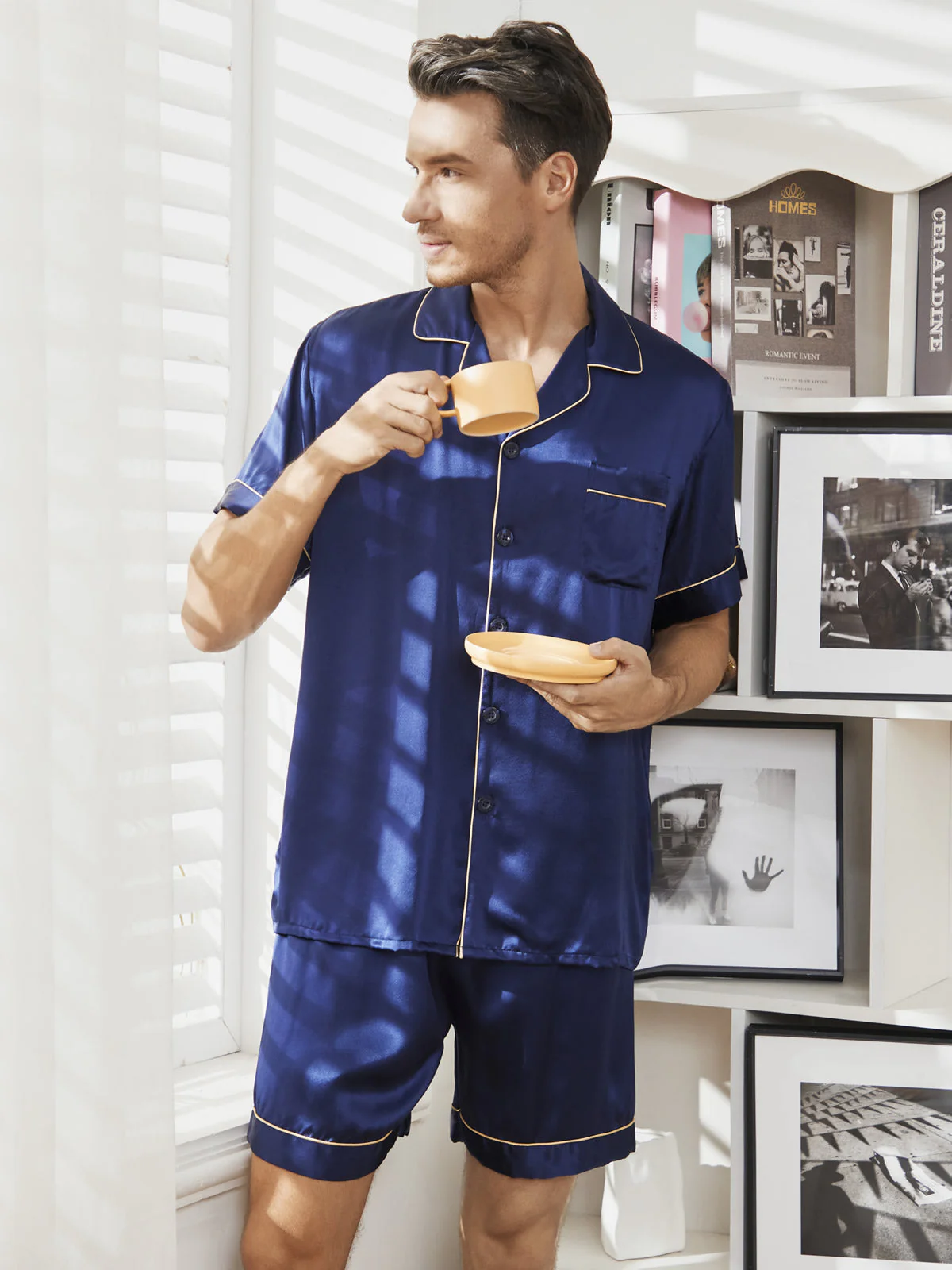 Pure Silk Short Sleeve Notch Collar Men's Pyjamas Set with Shorts