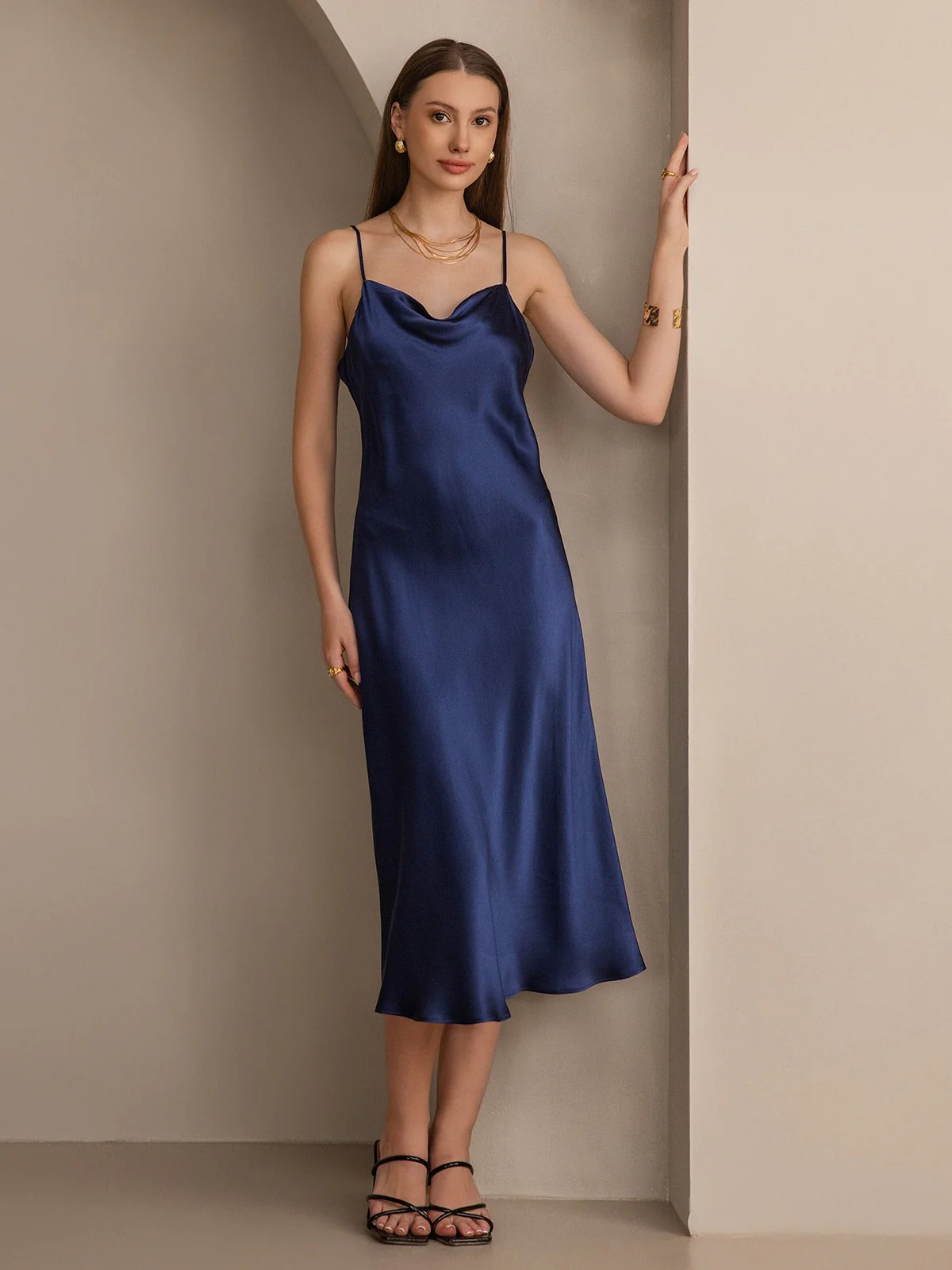 Pure Silk Cowl Neck Midi Dress - Image 28
