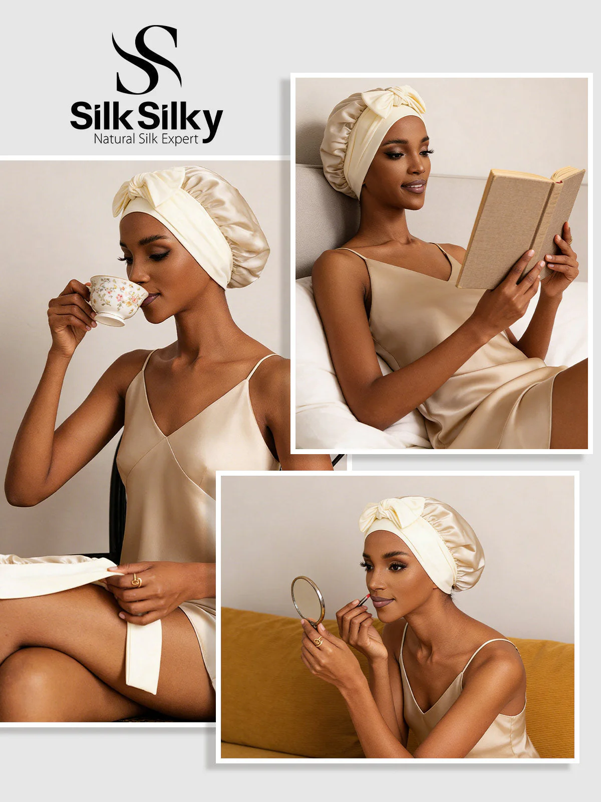 Pure Silk Double-layer Bonnet - With Adjustable Long Tie - Image 36