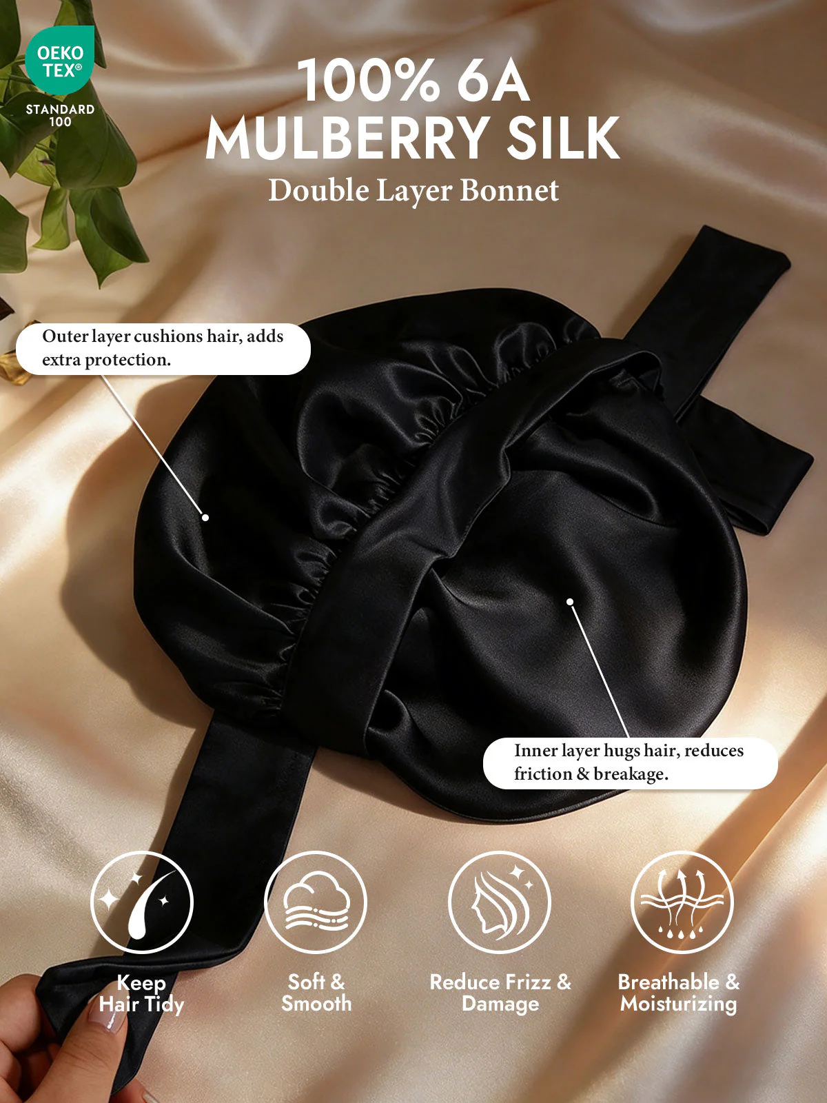 Pure Silk Double-layer Bonnet - With Adjustable Long Tie - Image 8