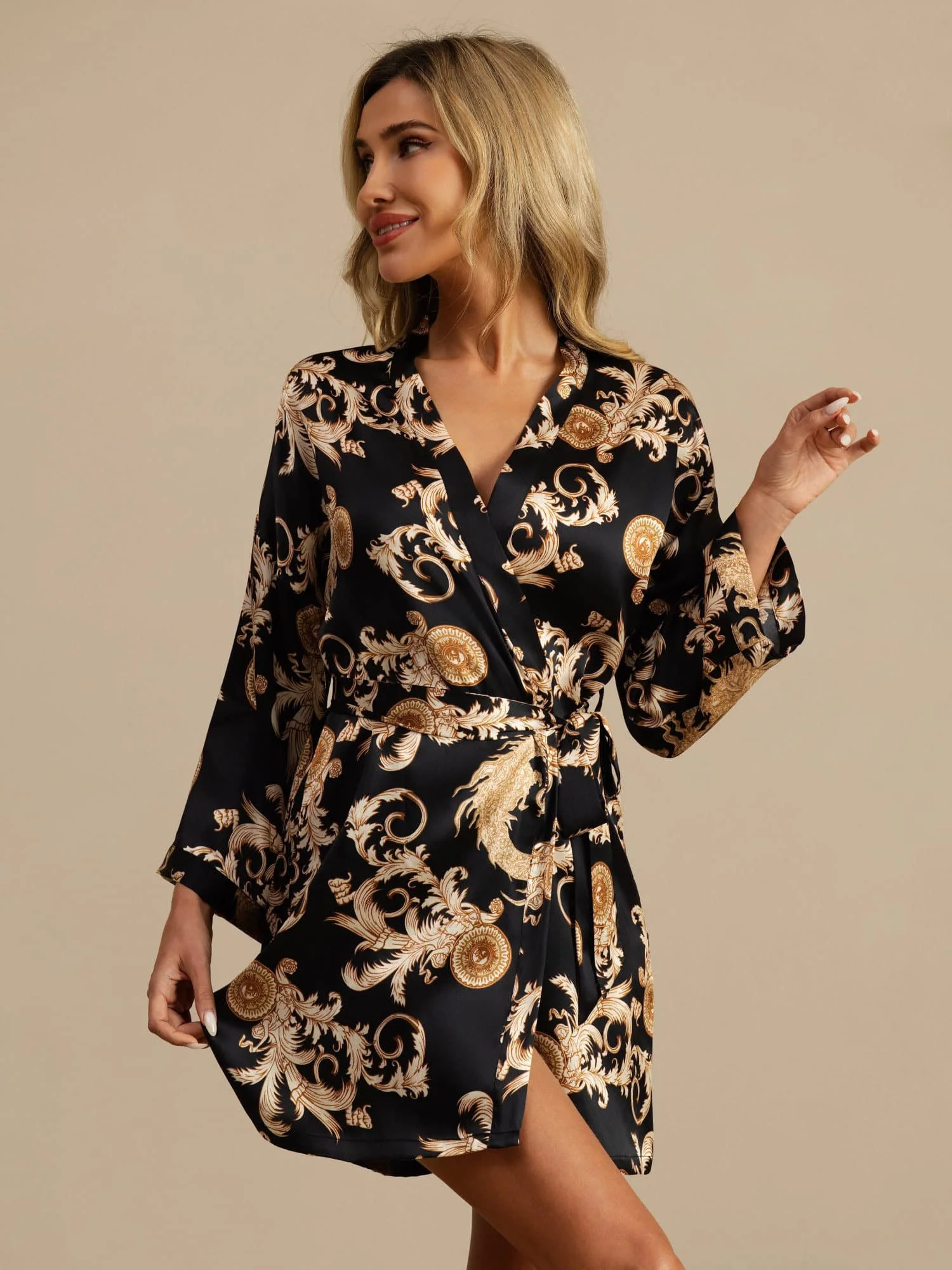 Pure Silk Dragon Print 3/4 Sleeve Women's Kimono Dressing Gown With Belt - Image 3