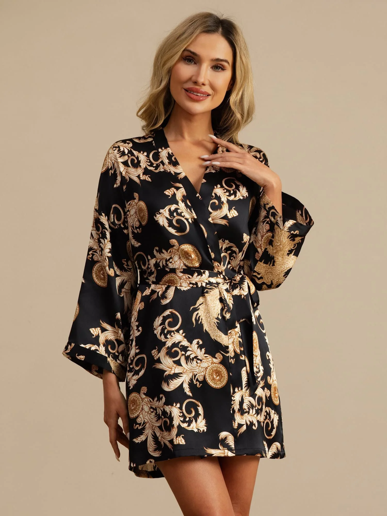 Pure Silk Dragon Print 3/4 Sleeve Women's Kimono Dressing Gown With Belt - Image 4