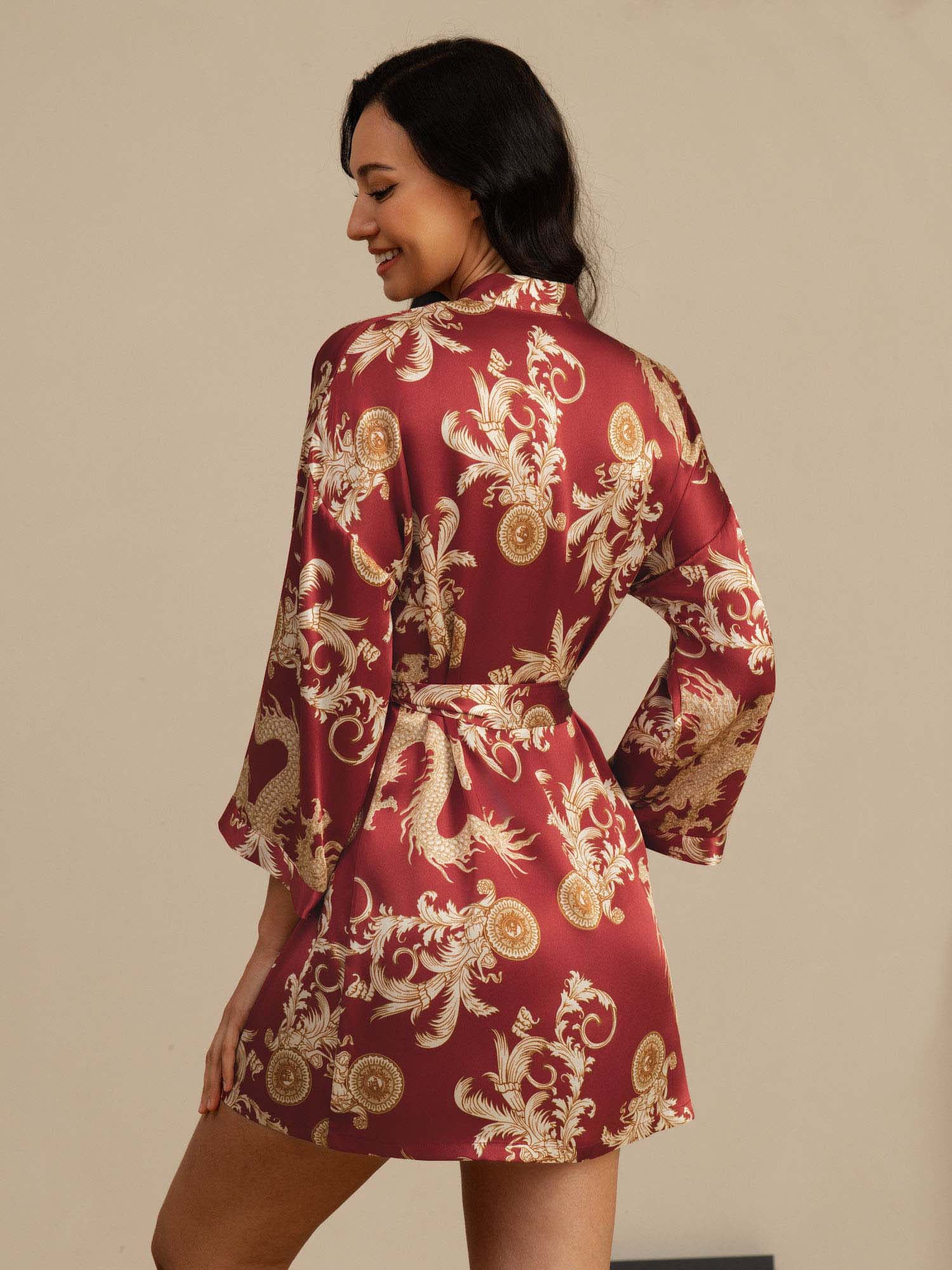 Pure Silk Dragon Print 3/4 Sleeve Women's Kimono Dressing Gown With Belt - Image 9