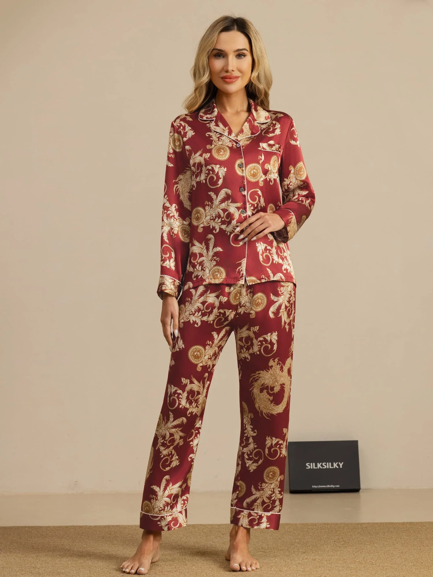 Pure Silk Dragon Print Long Sleeve Notch Collar Women's Pyjamas Set With Pants