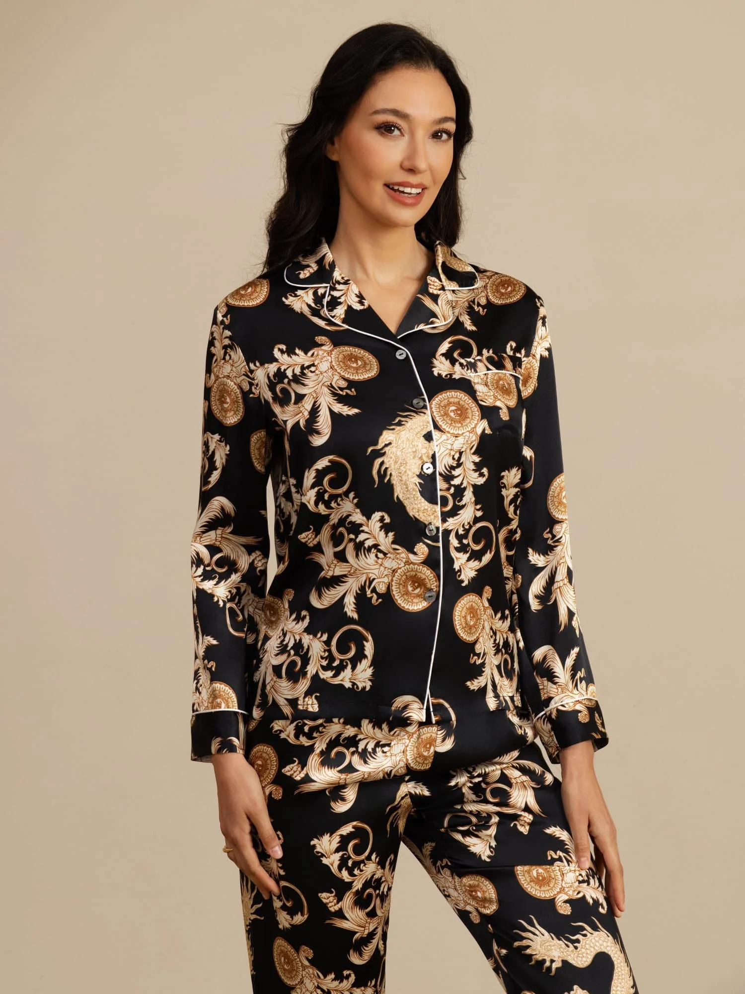 Pure Silk Dragon Print Long Sleeve Notch Collar Women's Pyjamas Set With Pants - Image 12