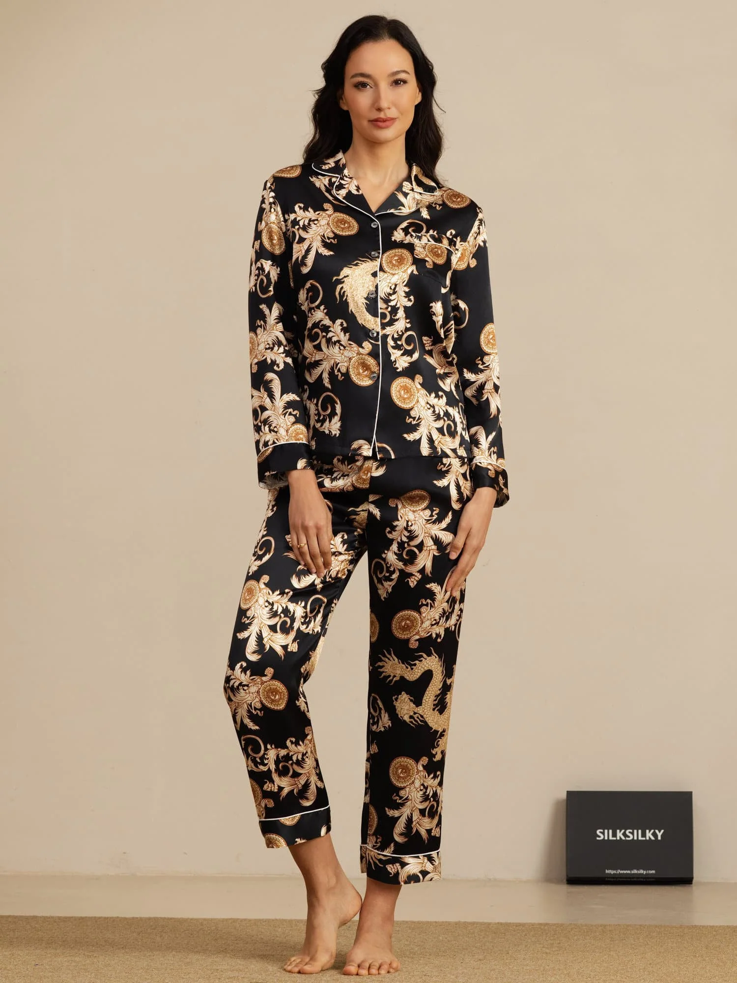Pure Silk Dragon Print Long Sleeve Notch Collar Women's Pyjamas Set With Pants - Image 15