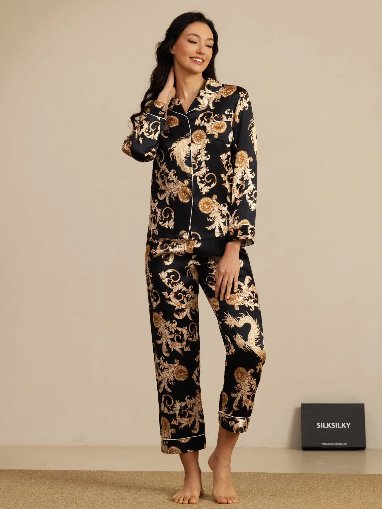 Pure Silk Dragon Print Long Sleeve Notch Collar Women's Pyjamas Set With Pants - Image 16