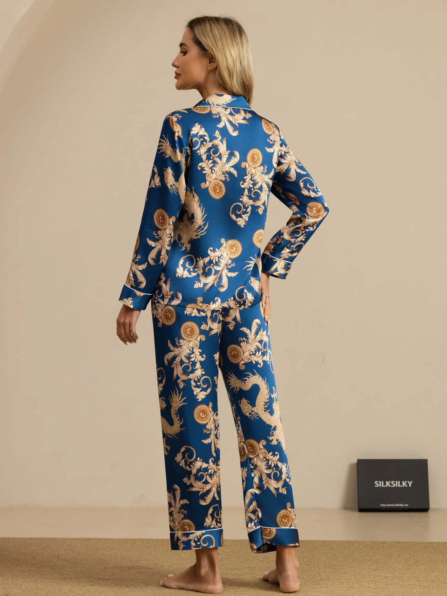 Pure Silk Dragon Print Long Sleeve Notch Collar Women's Pyjamas Set With Pants - Image 18