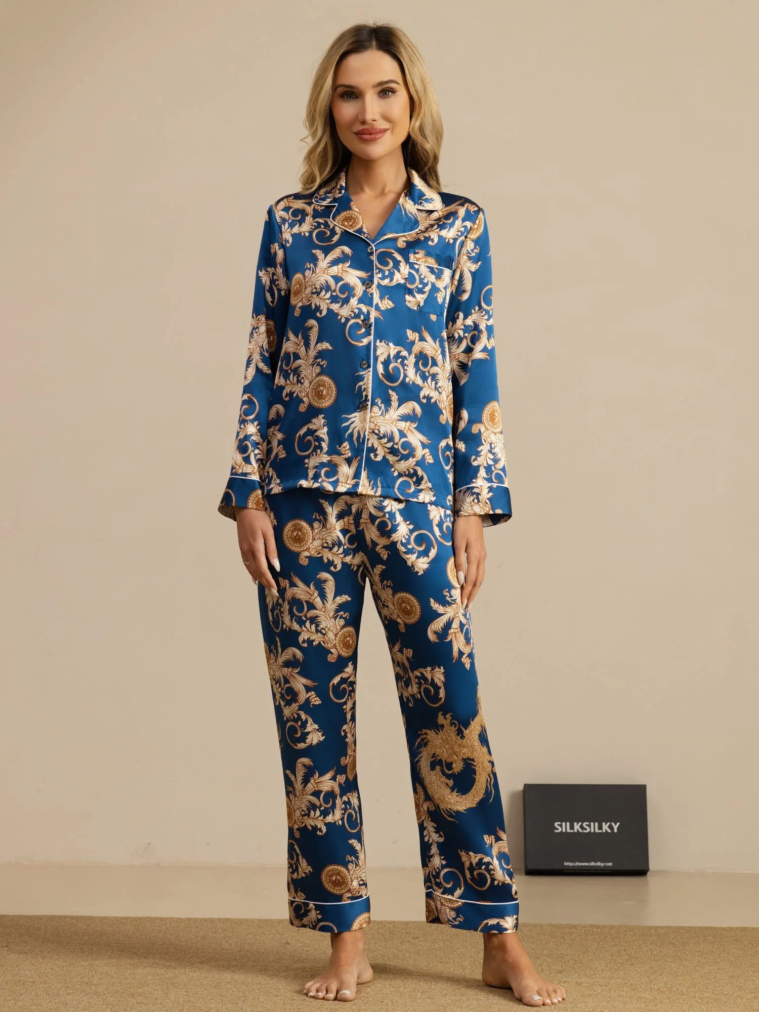Pure Silk Dragon Print Long Sleeve Notch Collar Women's Pyjamas Set With Pants - Image 19