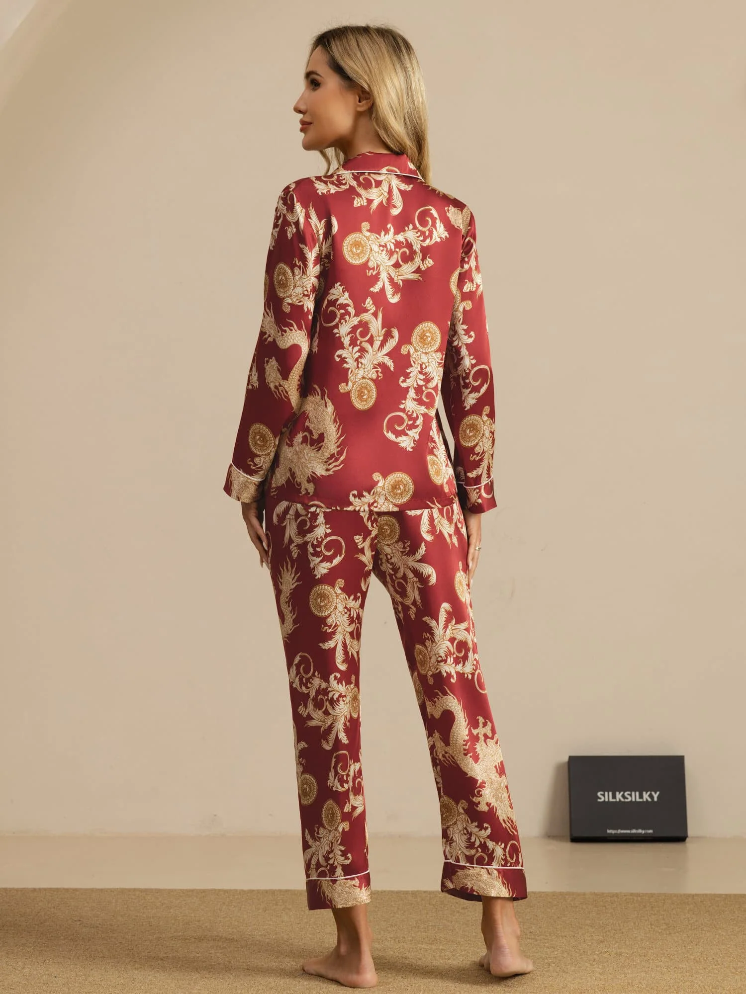 Pure Silk Dragon Print Long Sleeve Notch Collar Women's Pyjamas Set With Pants - Image 2