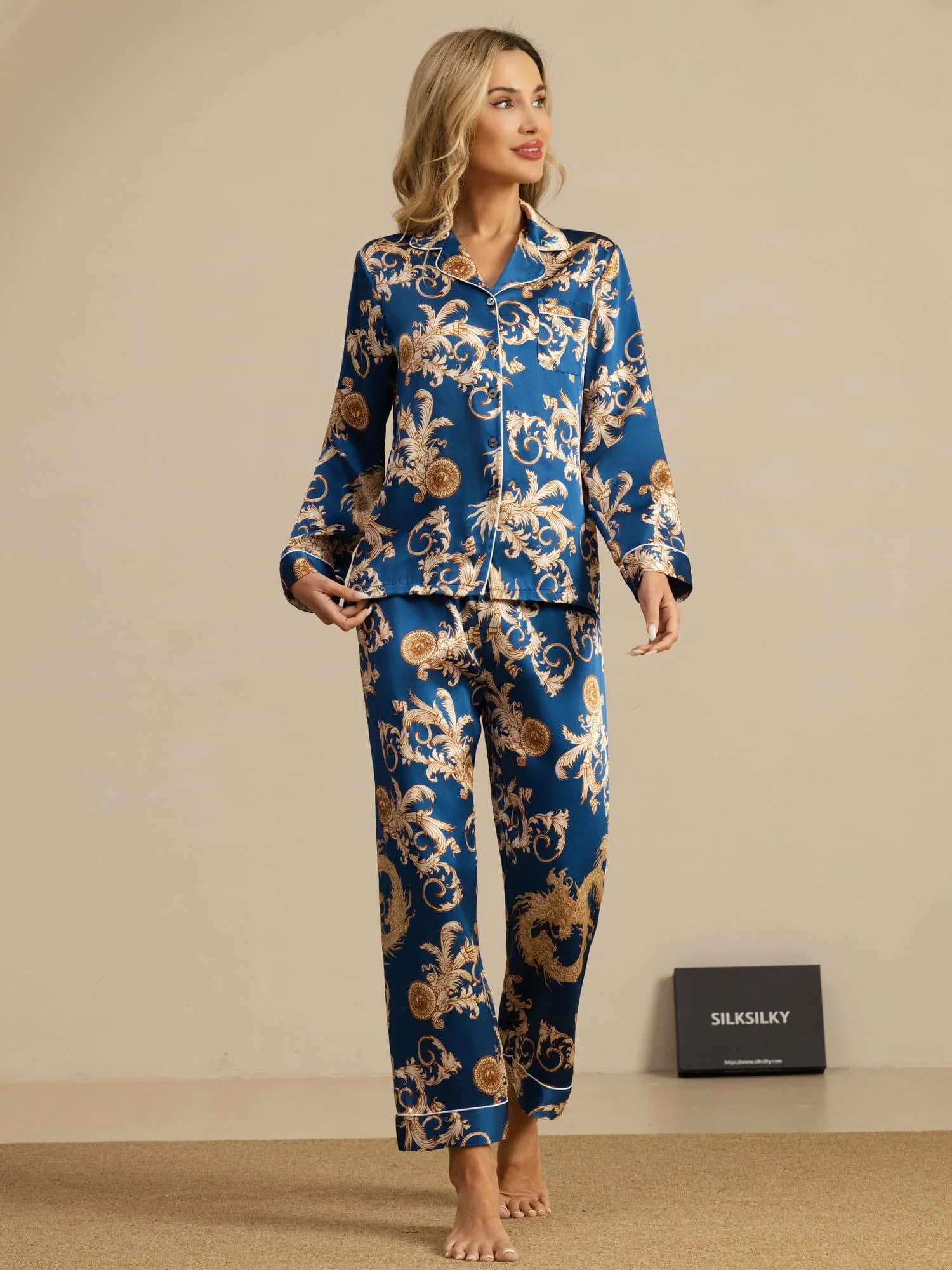 Pure Silk Dragon Print Long Sleeve Notch Collar Women's Pyjamas Set With Pants - Image 20