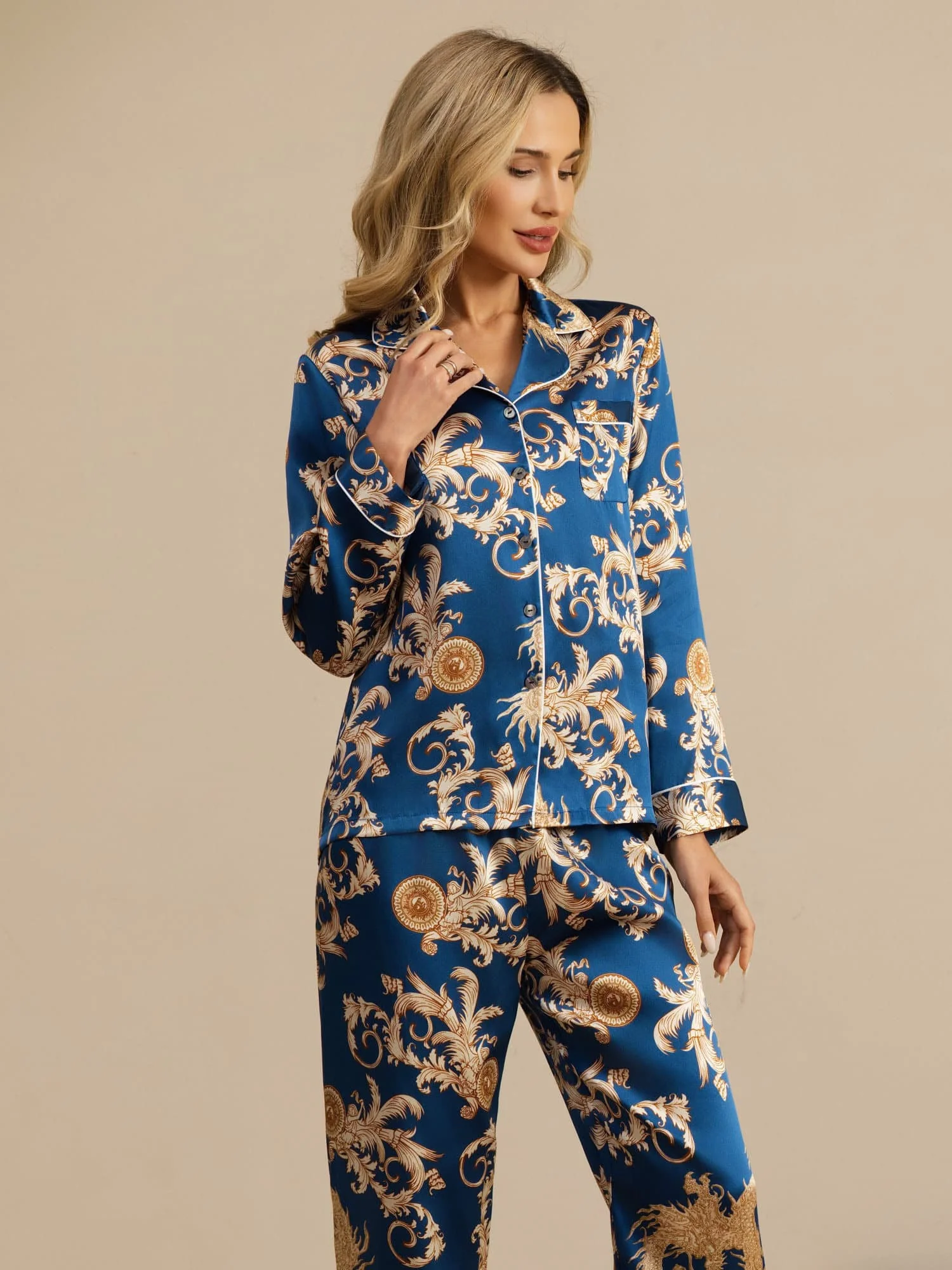 Pure Silk Dragon Print Long Sleeve Notch Collar Women's Pyjamas Set With Pants - Image 21