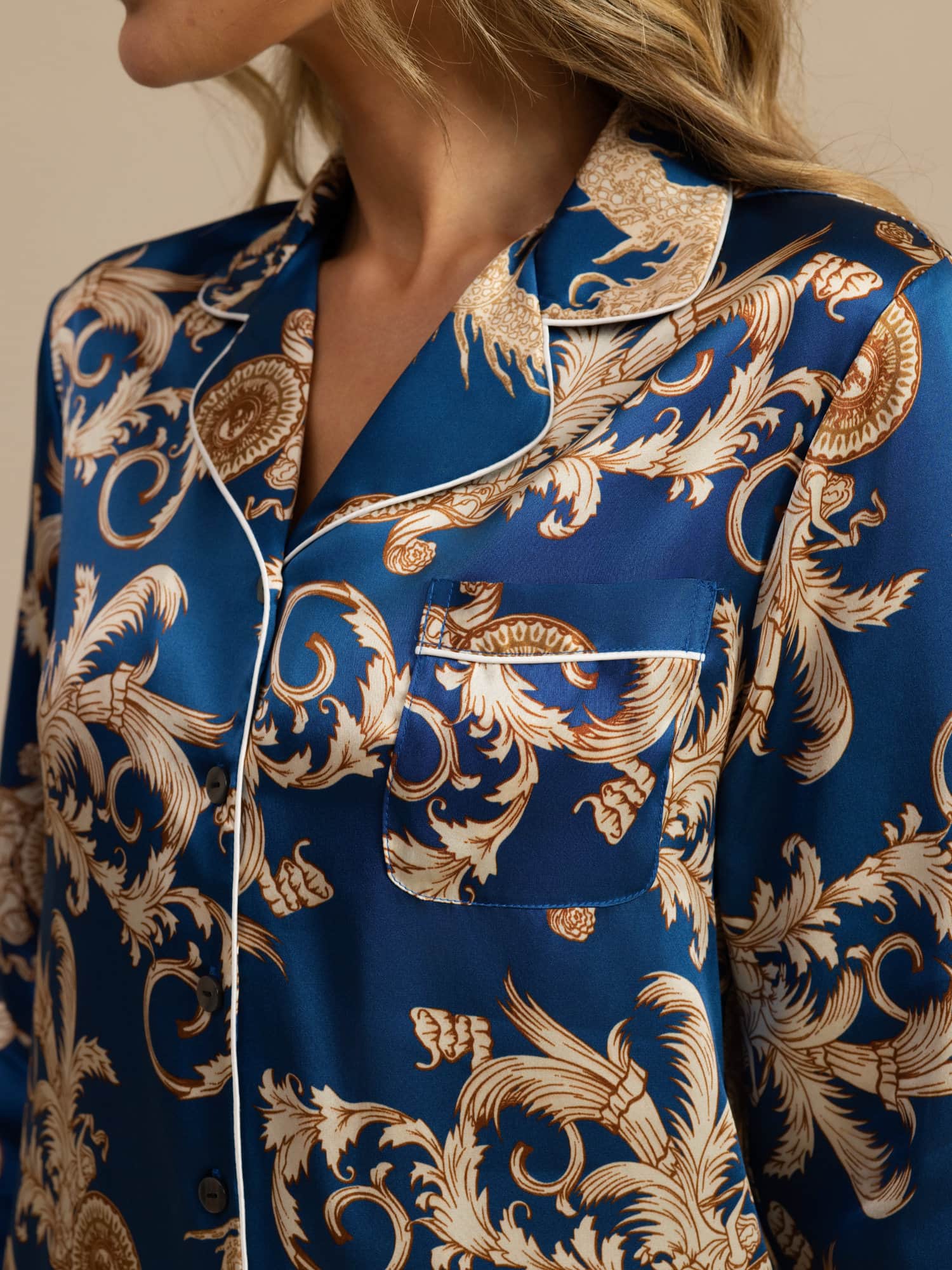 Pure Silk Dragon Print Long Sleeve Notch Collar Women's Pyjamas Set With Pants - Image 23