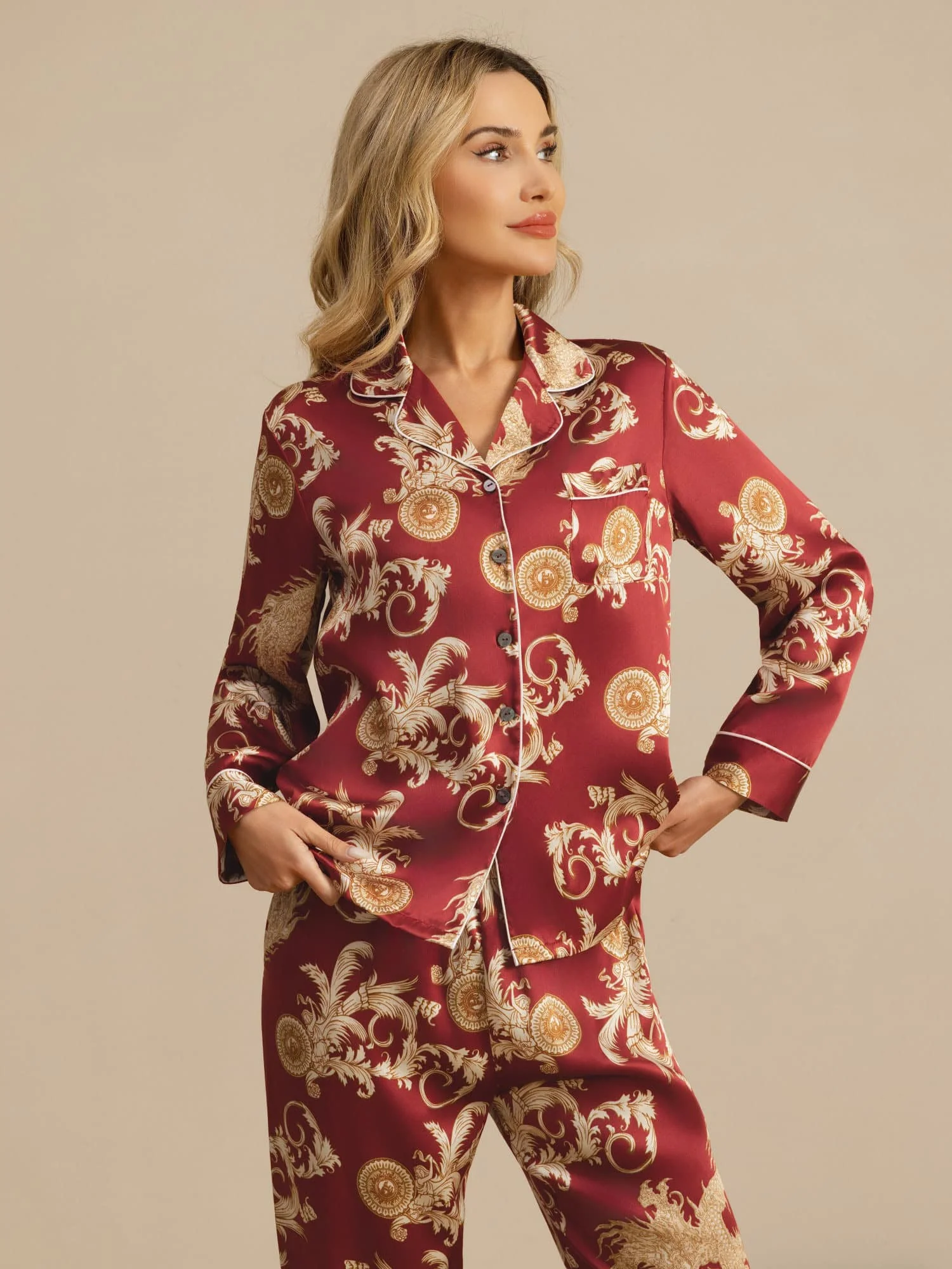 Pure Silk Dragon Print Long Sleeve Notch Collar Women's Pyjamas Set With Pants - Image 3