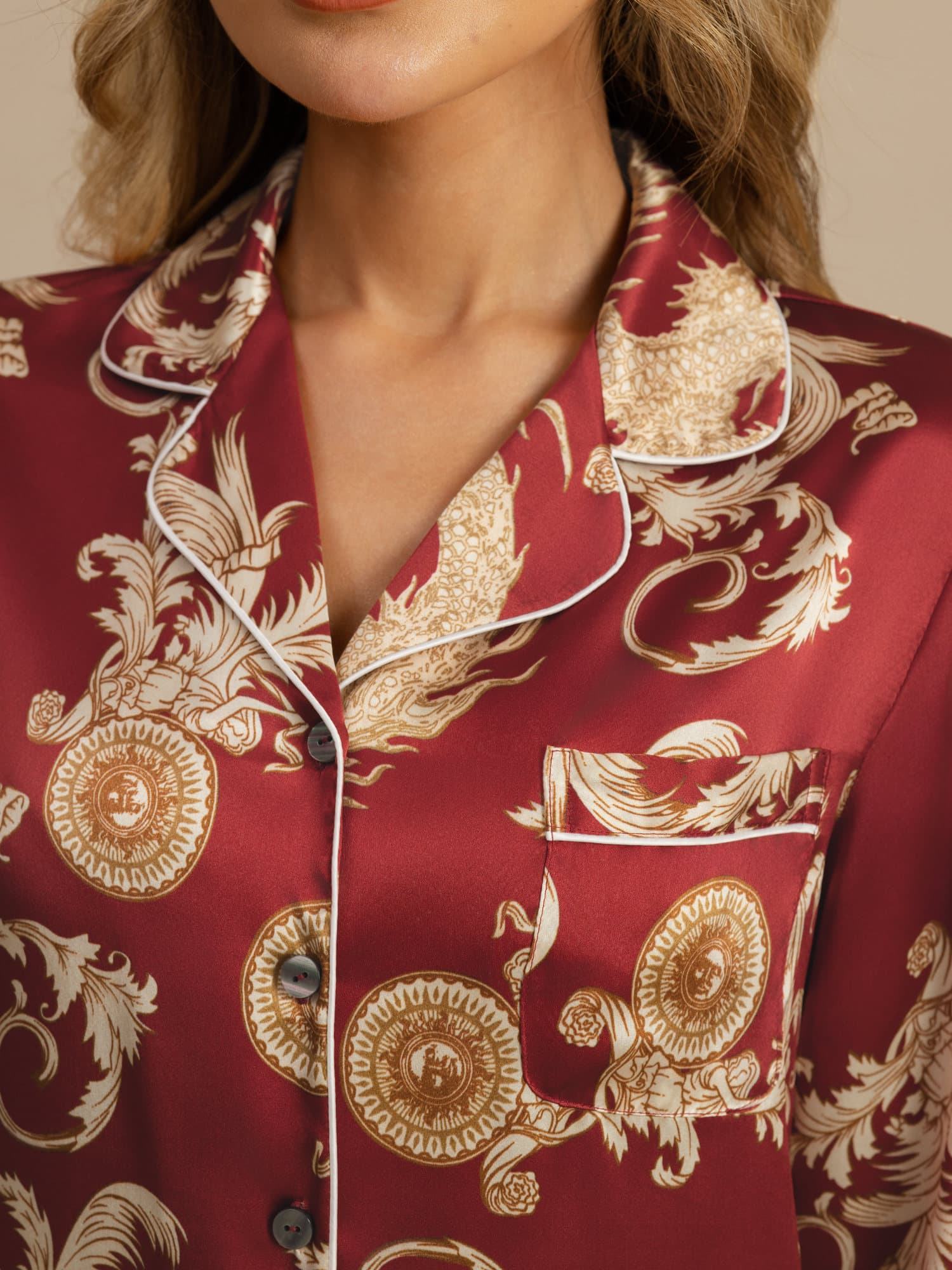 Pure Silk Dragon Print Long Sleeve Notch Collar Women's Pyjamas Set With Pants - Image 4