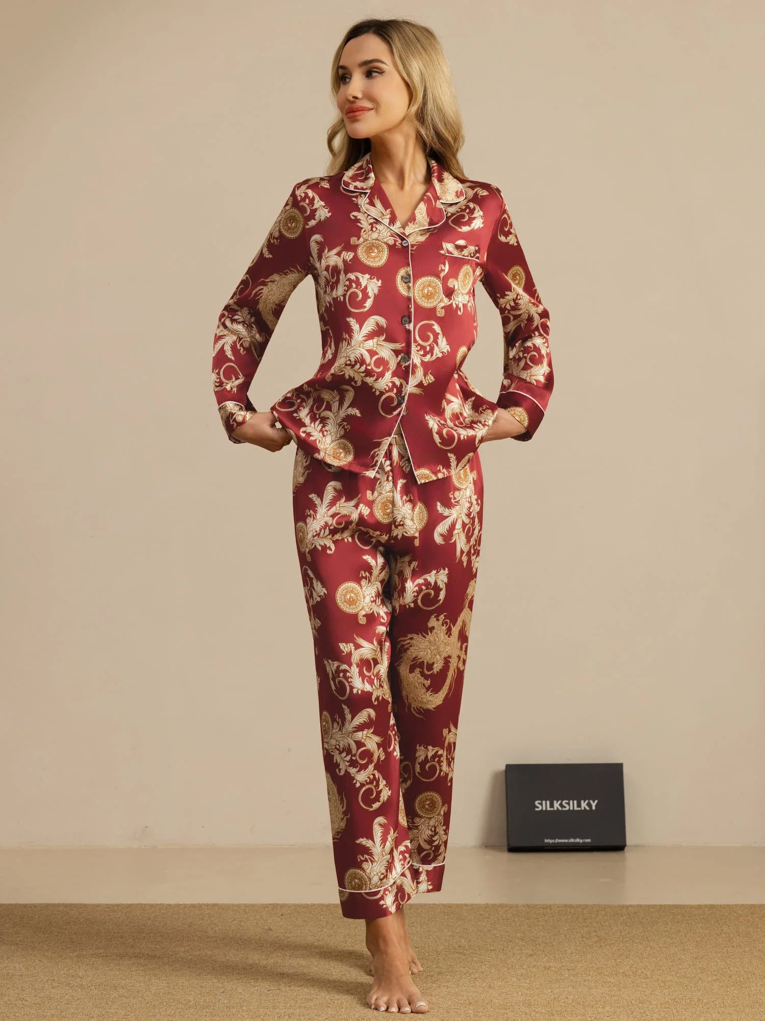 Pure Silk Dragon Print Long Sleeve Notch Collar Women's Pyjamas Set With Pants - Image 6