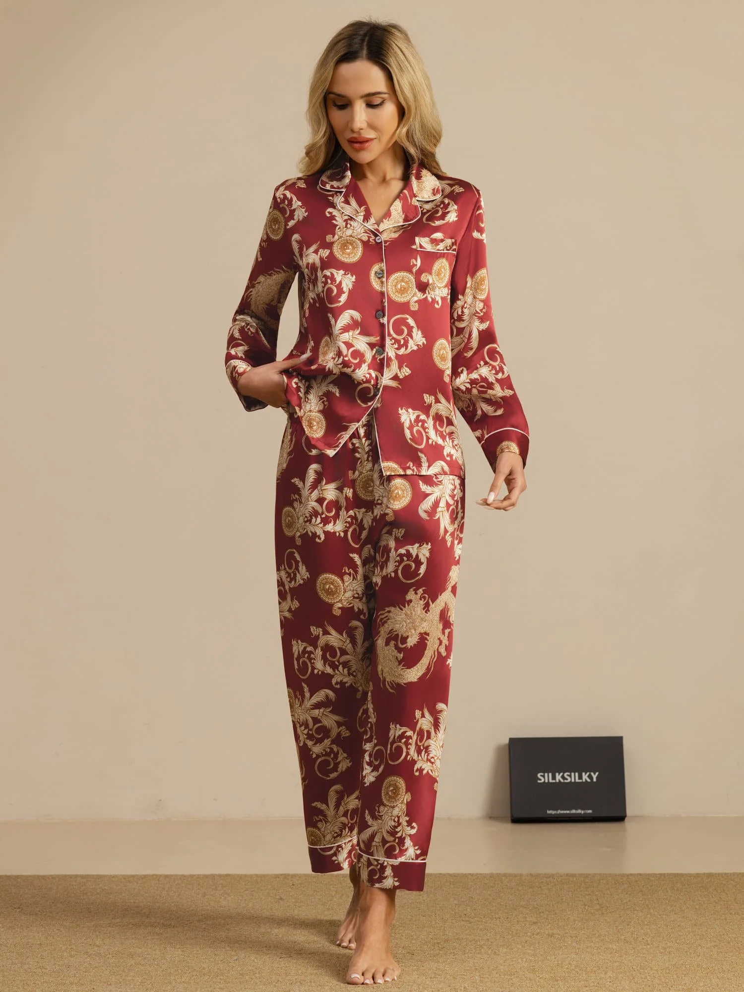 Pure Silk Dragon Print Long Sleeve Notch Collar Women's Pyjamas Set With Pants - Image 7