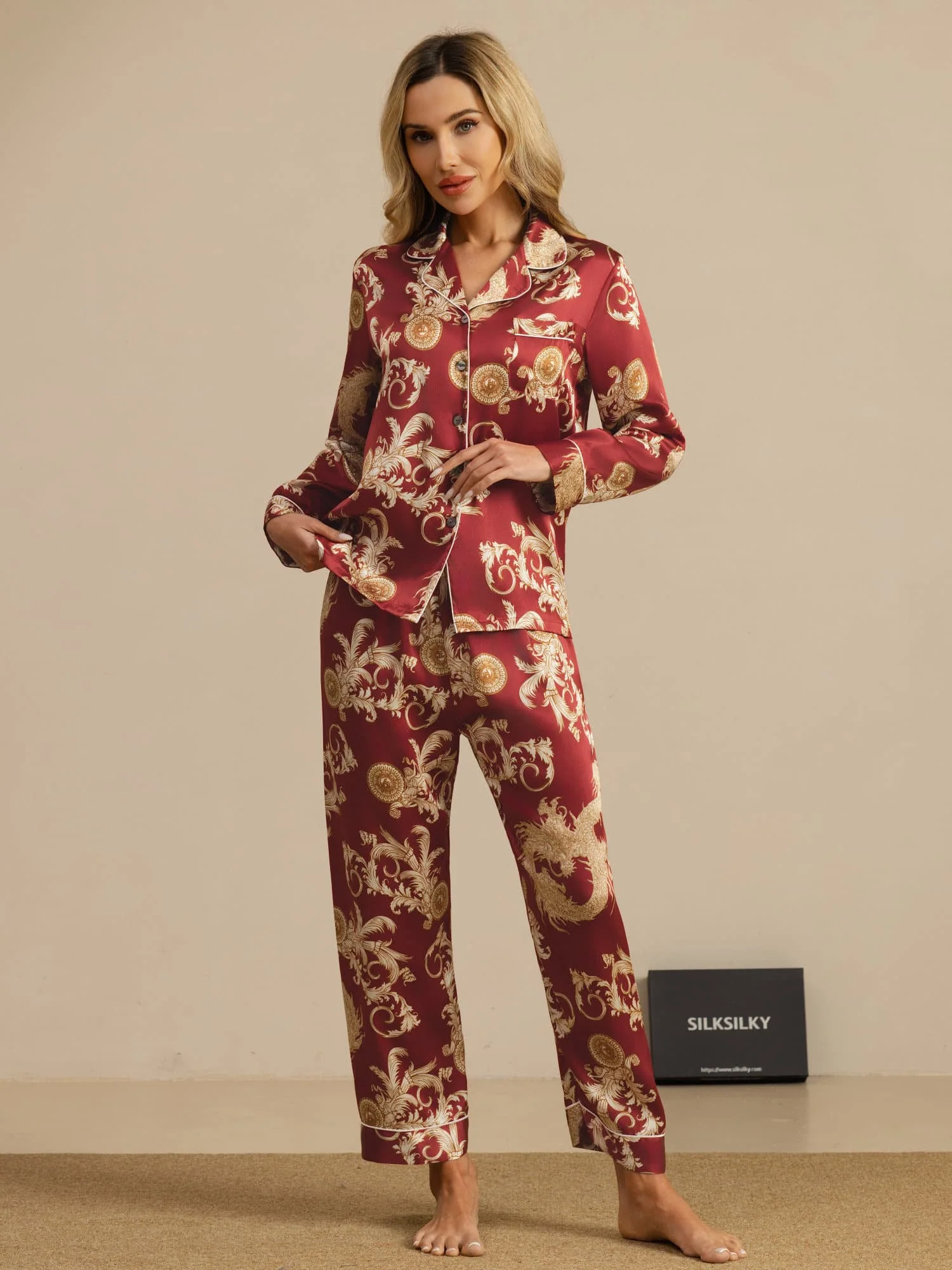 Pure Silk Dragon Print Long Sleeve Notch Collar Women's Pyjamas Set With Pants - Image 8
