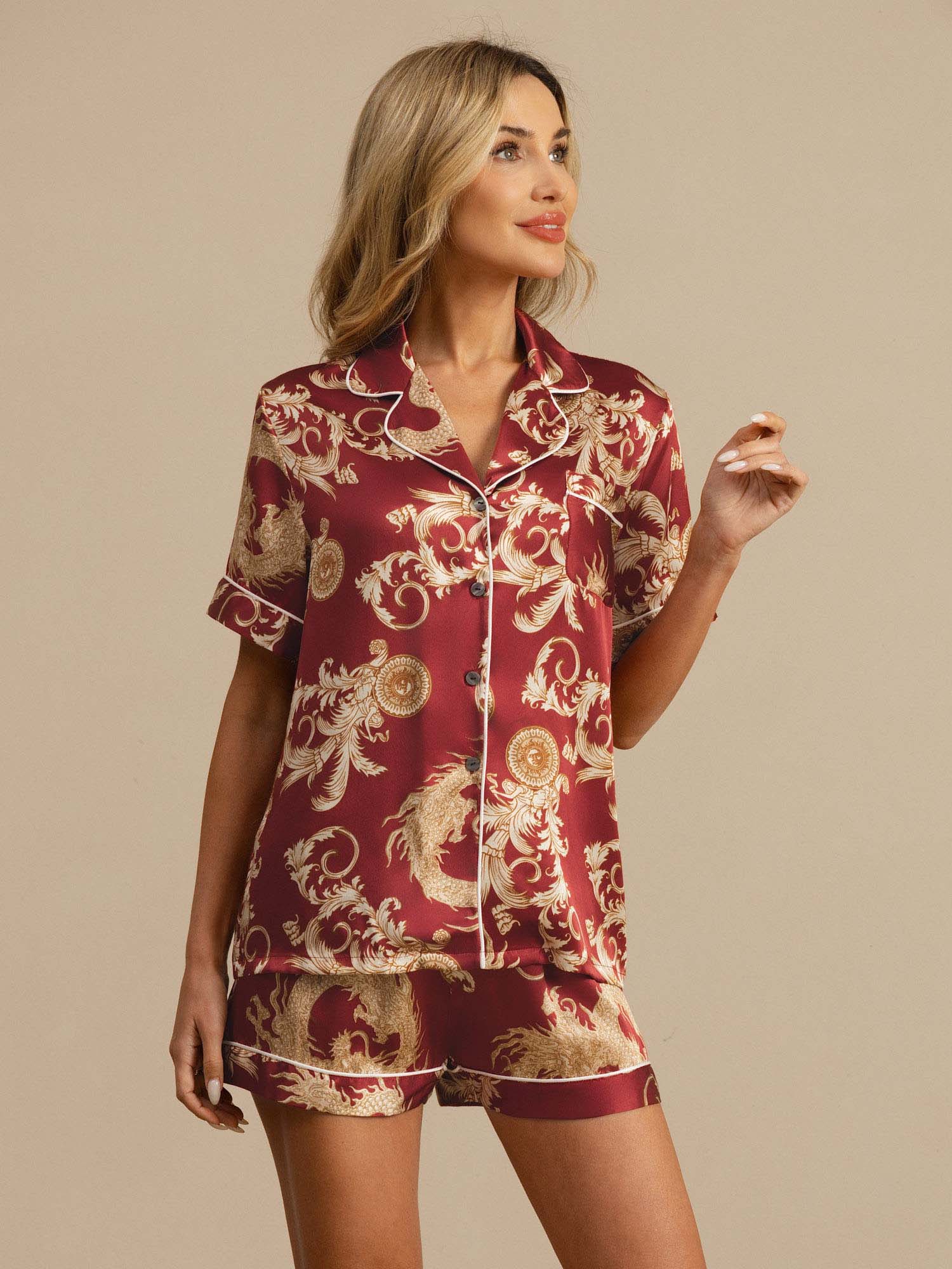 Women's Pure Silk Dragon Print Short Sleeve Notch Collar Pyjamas Set With Shorts