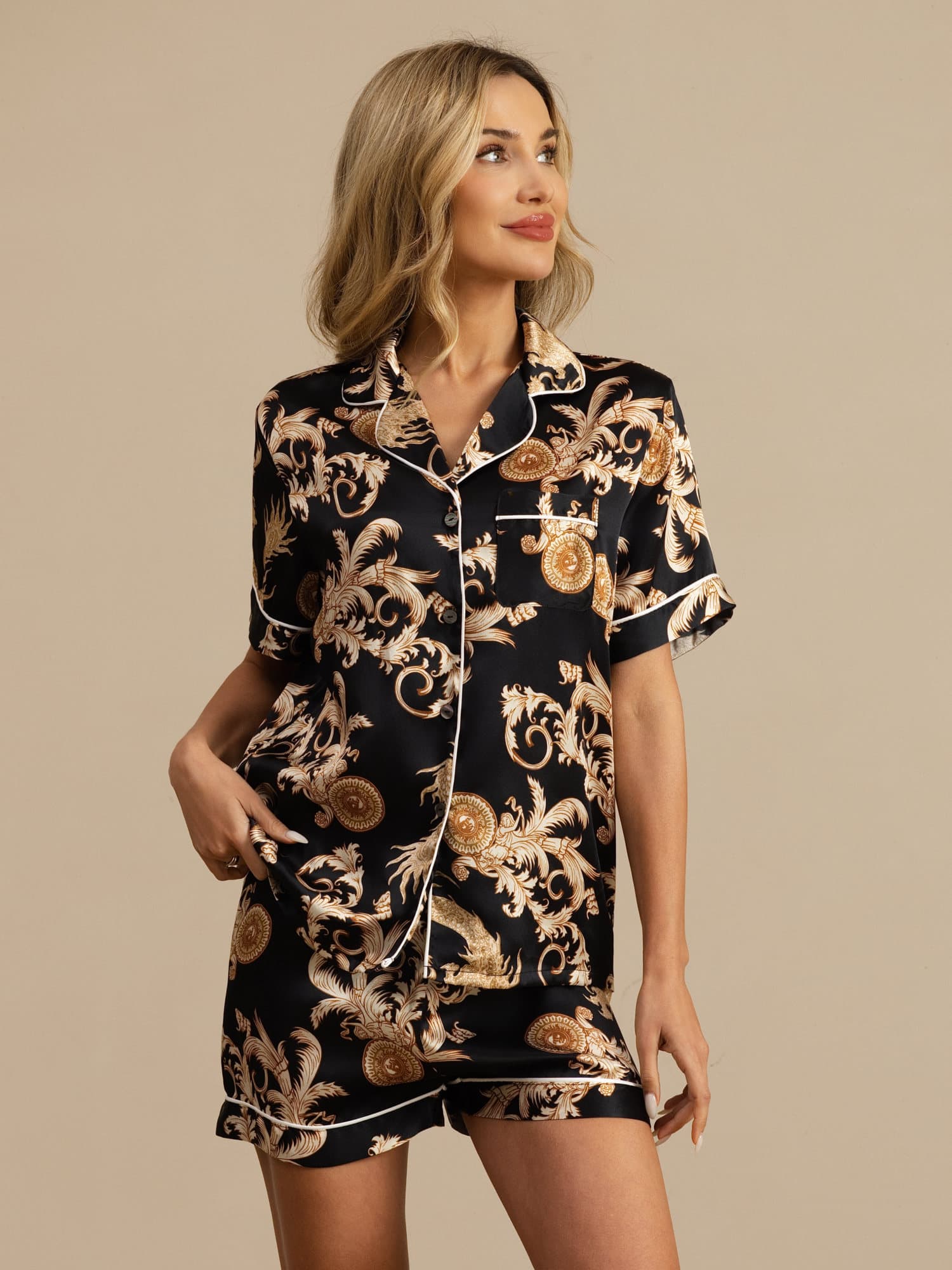 Women's Pure Silk Dragon Print Short Sleeve Notch Collar Pyjamas Set With Shorts - Image 11