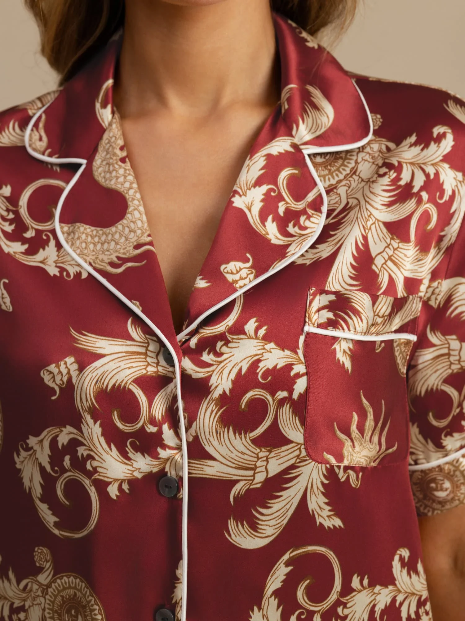 Women's Pure Silk Dragon Print Short Sleeve Notch Collar Pyjamas Set With Shorts - Image 5