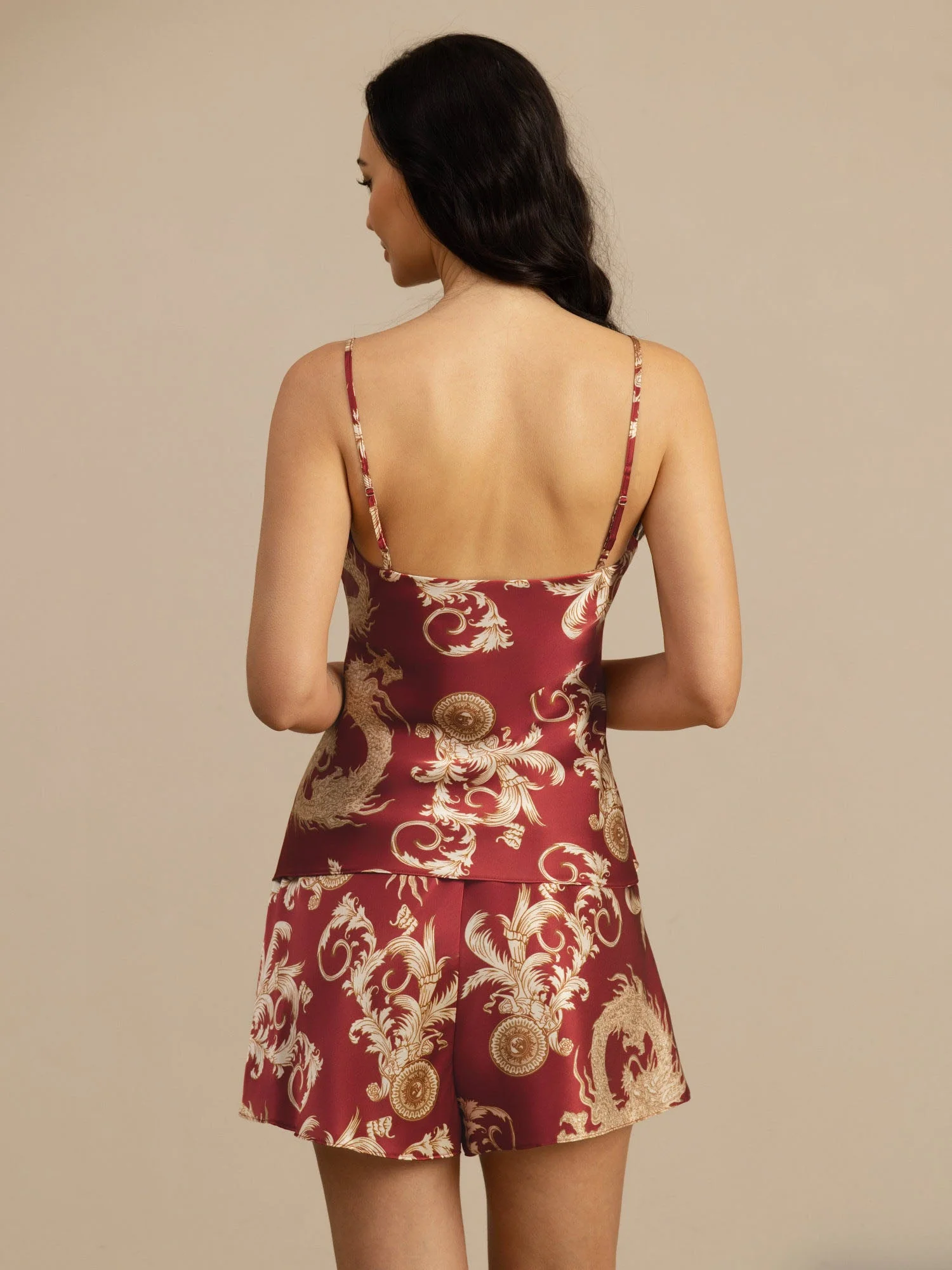 Pure Silk Dragon Print Spaghetti Strap V Neck Camisole Set - Image 9