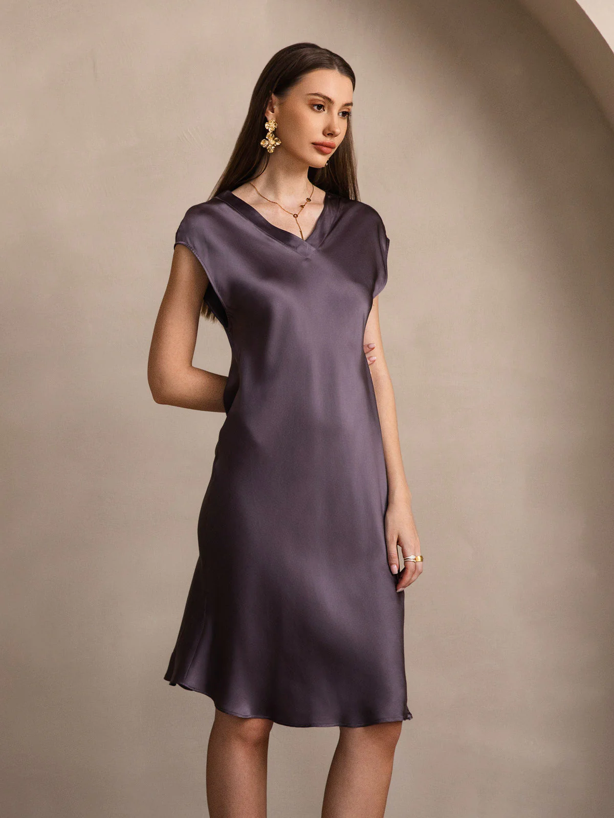 Pure Silk Cap Sleeve V Neck Knee Dress - Image 12