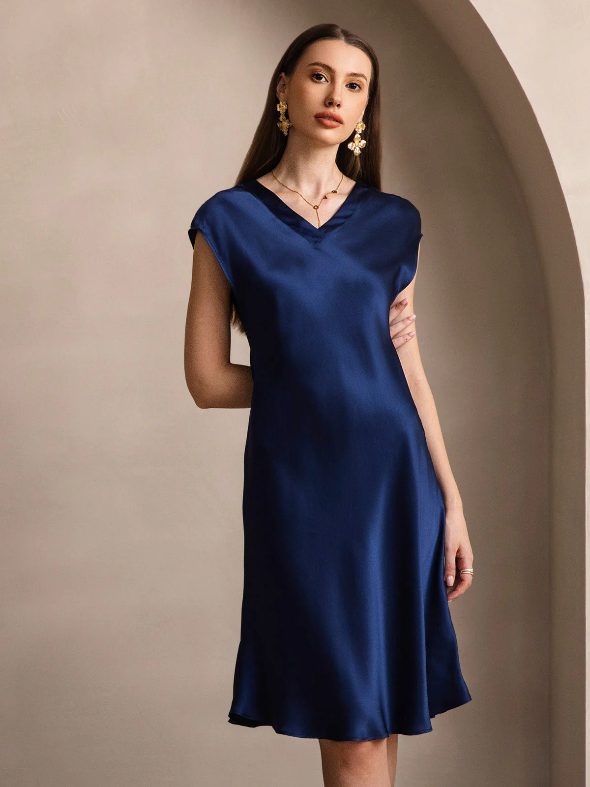 Pure Silk Cap Sleeve V Neck Knee Dress - Image 13