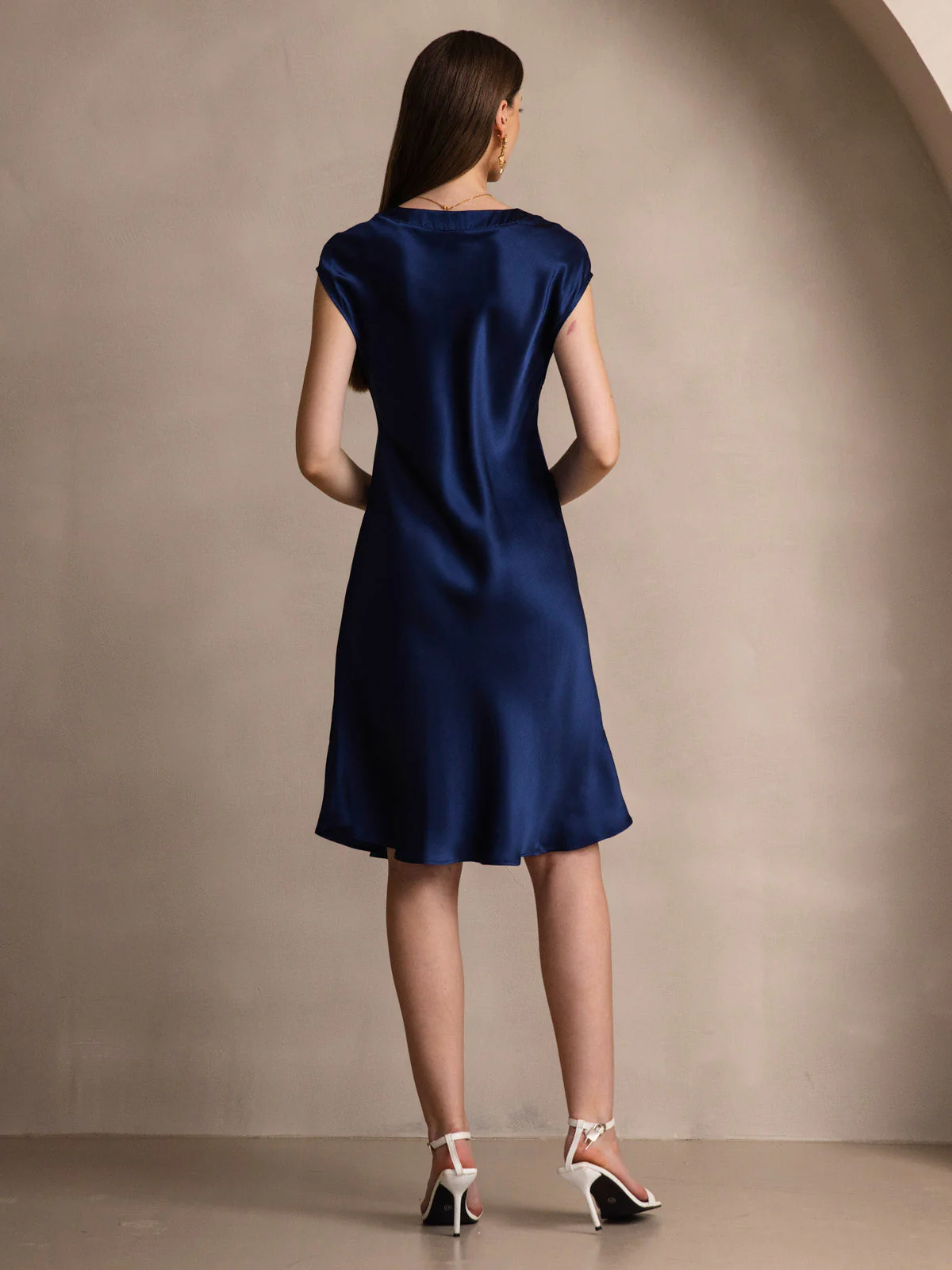 Pure Silk Cap Sleeve V Neck Knee Dress - Image 14