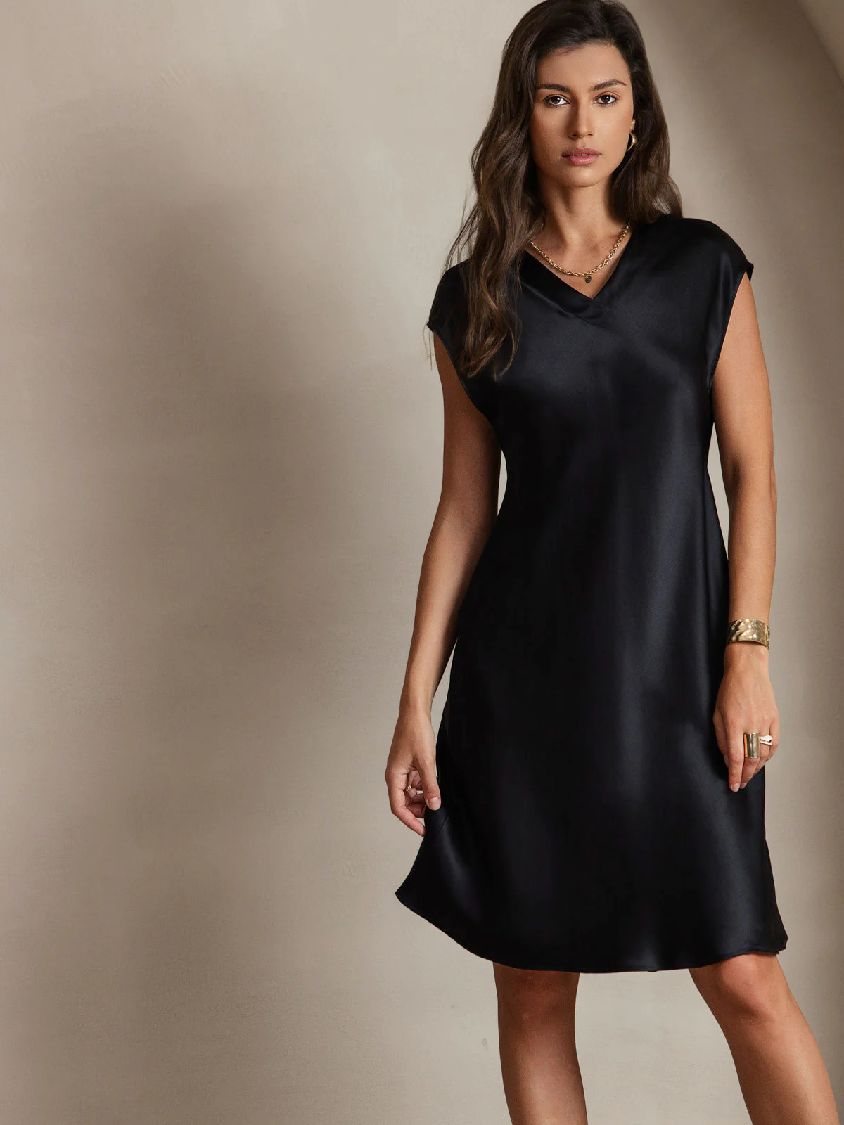 Pure Silk Cap Sleeve V Neck Knee Dress - Image 27