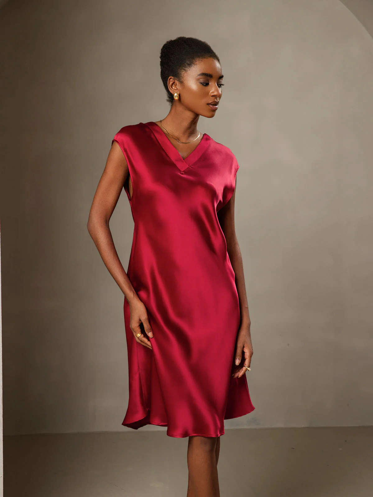 Pure Silk Cap Sleeve V Neck Knee Dress - Image 31