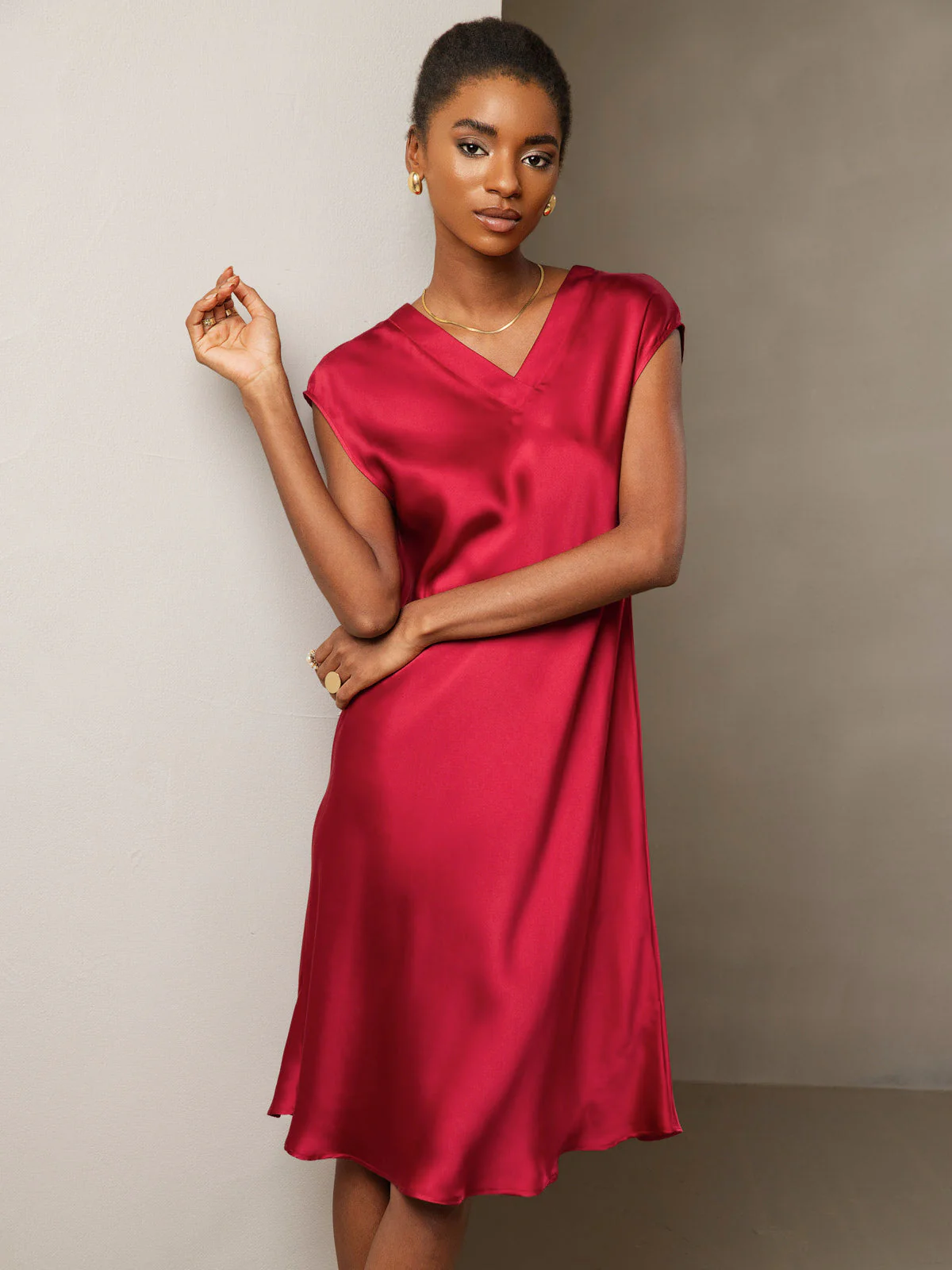 Pure Silk Cap Sleeve V Neck Knee Dress - Image 34