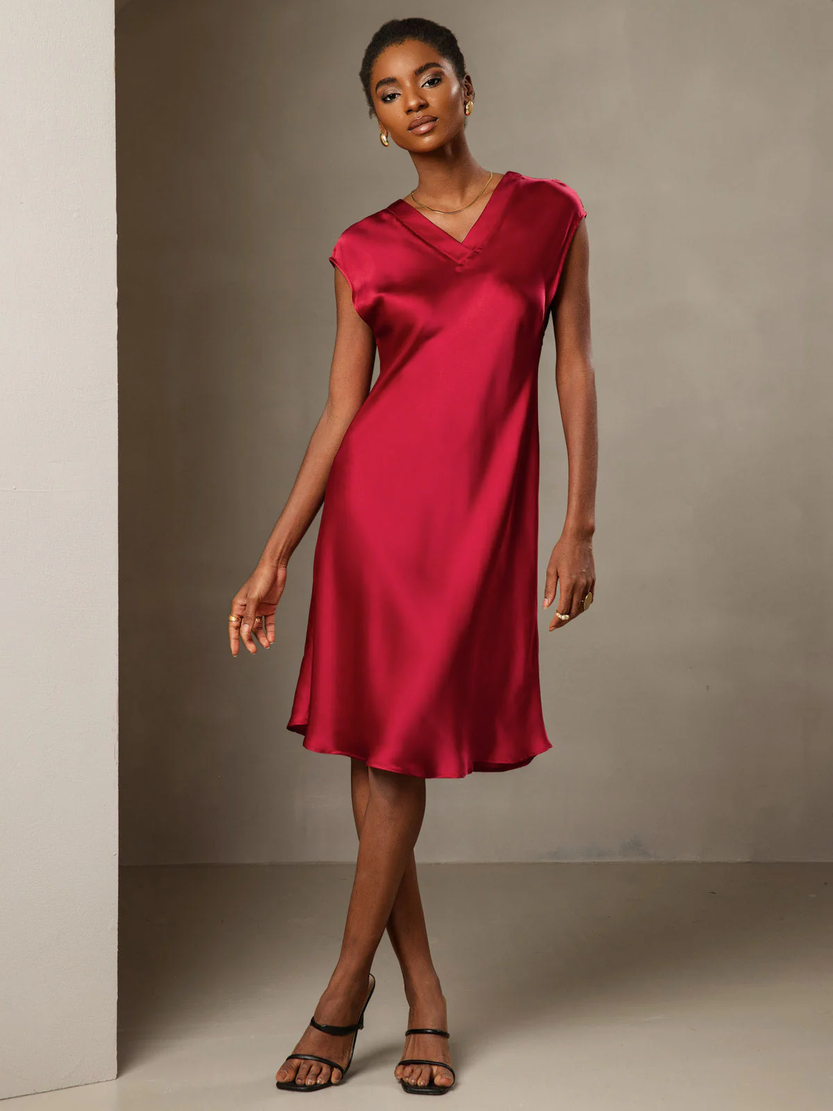Pure Silk Cap Sleeve V Neck Knee Dress - Image 35