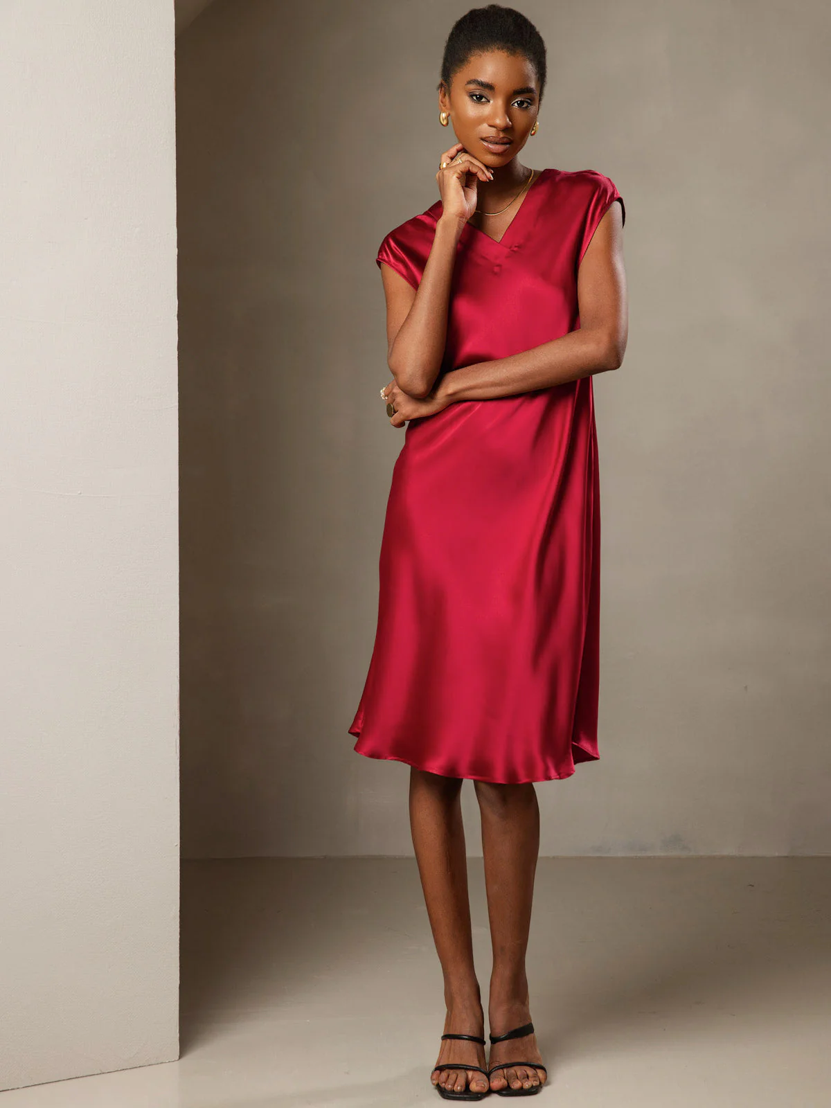 Pure Silk Cap Sleeve V Neck Knee Dress - Image 36